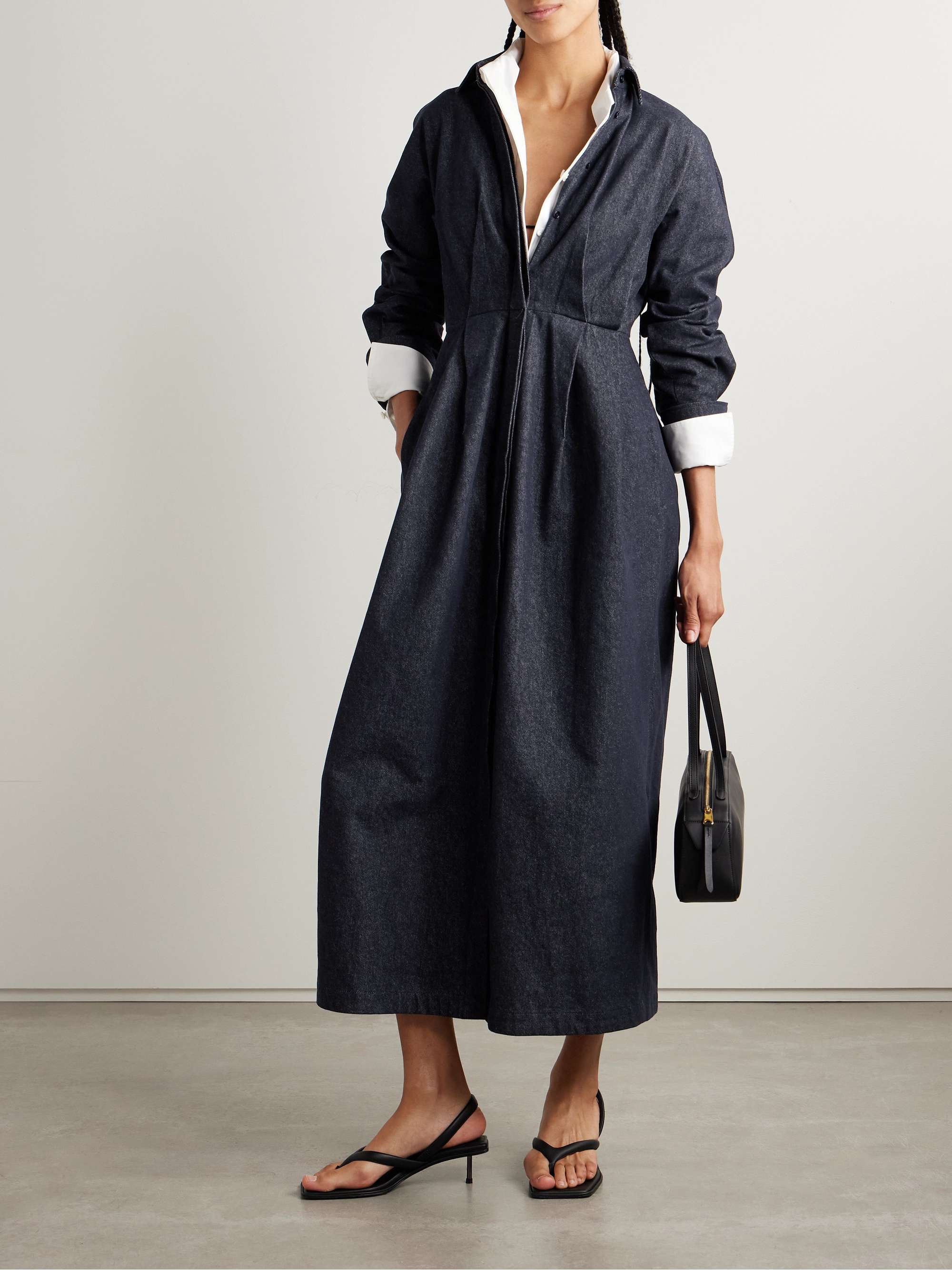 Belted pleated denim midi shirt dress view