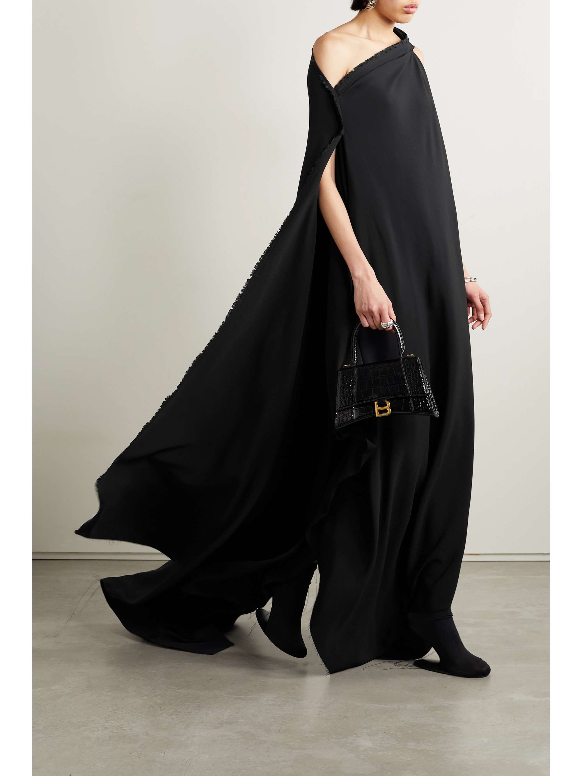 Asymmetric one-shoulder frayed draped crepe gown view