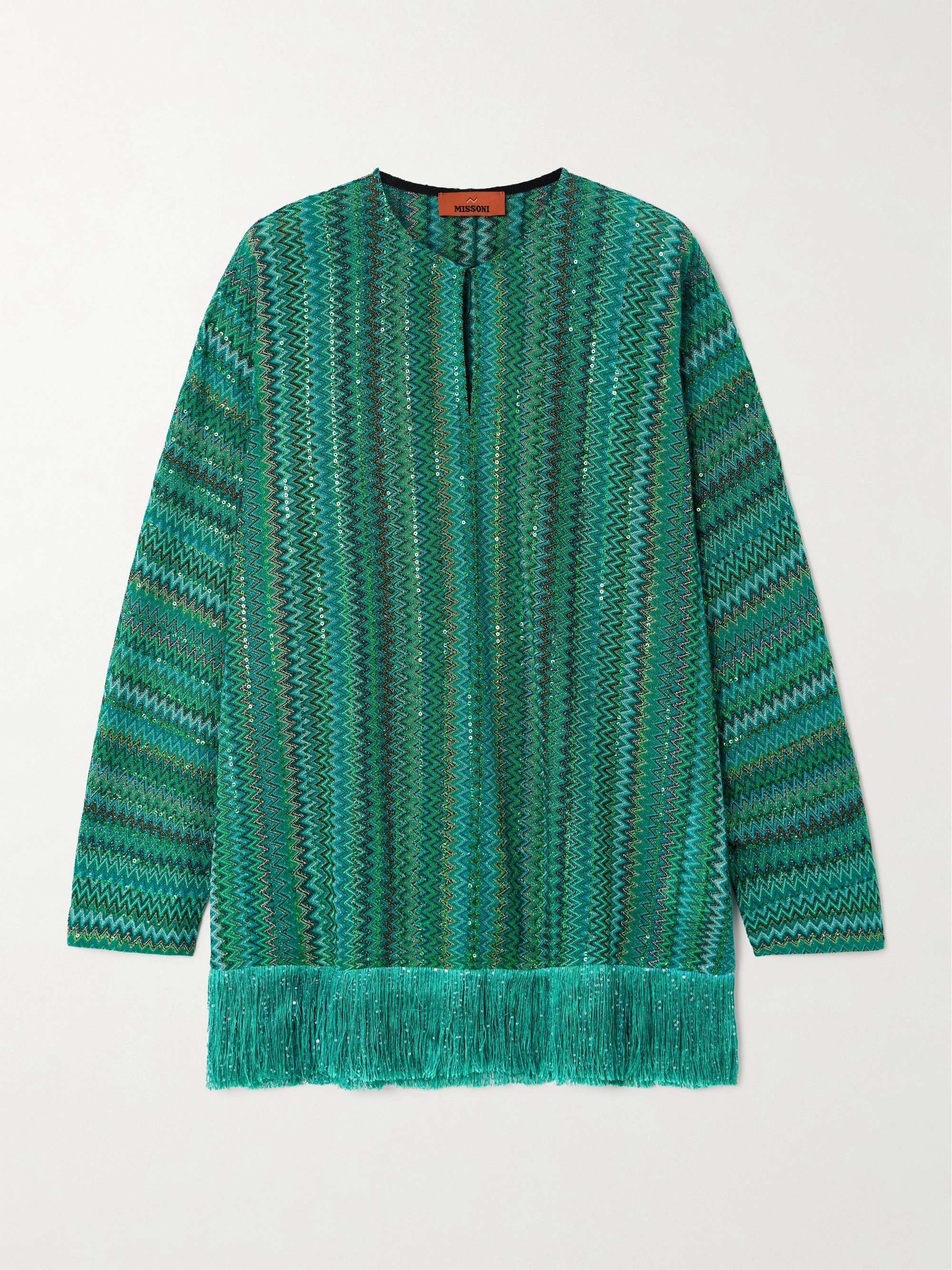 Fringed sequin-embellished metallic crochet-knit top view