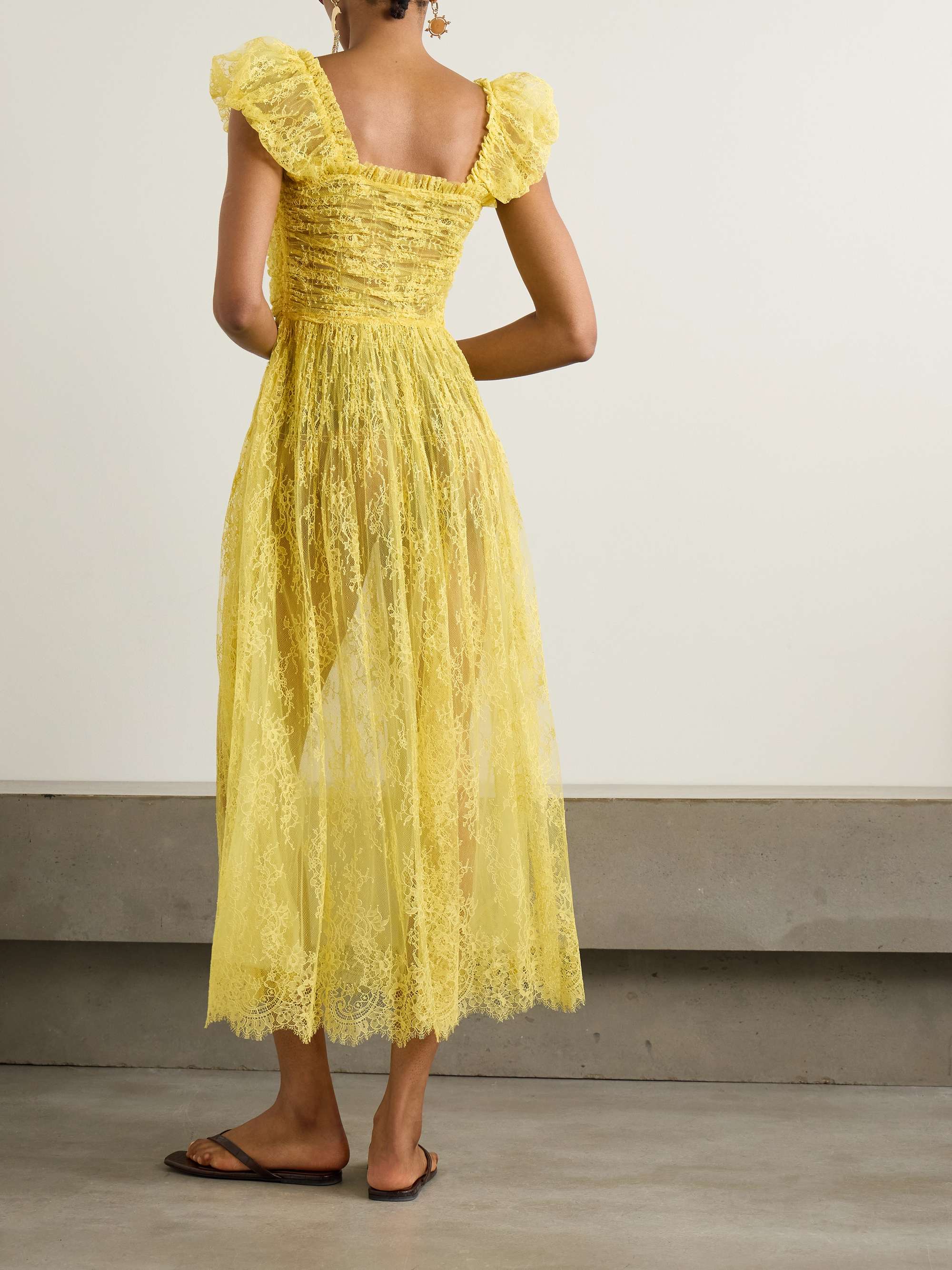 Pamelina ruffled shirred lace midi dress view
