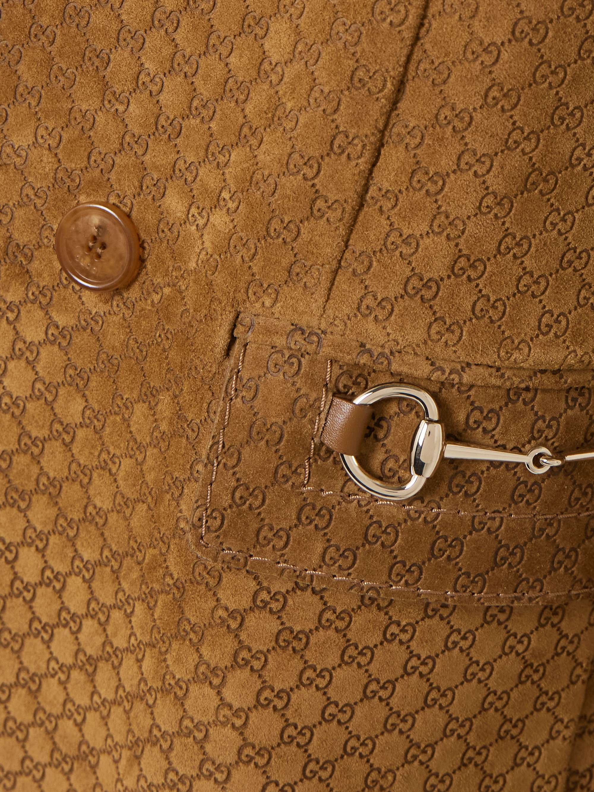 Double-breasted horsebit-detailed debossed suede blazer view