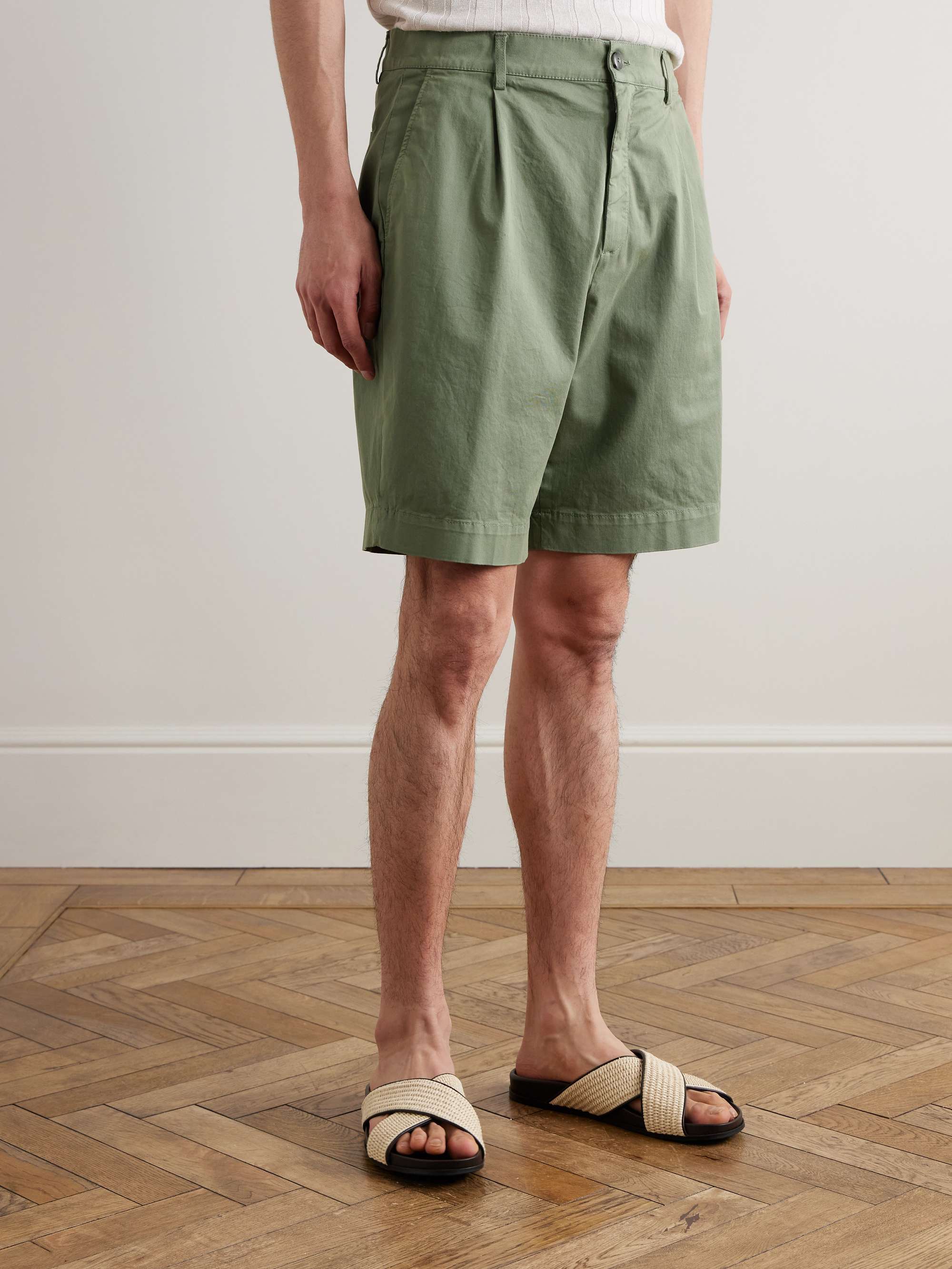Slim-Fit Straight-Leg Pleated Stretch-Cotton Shorts view