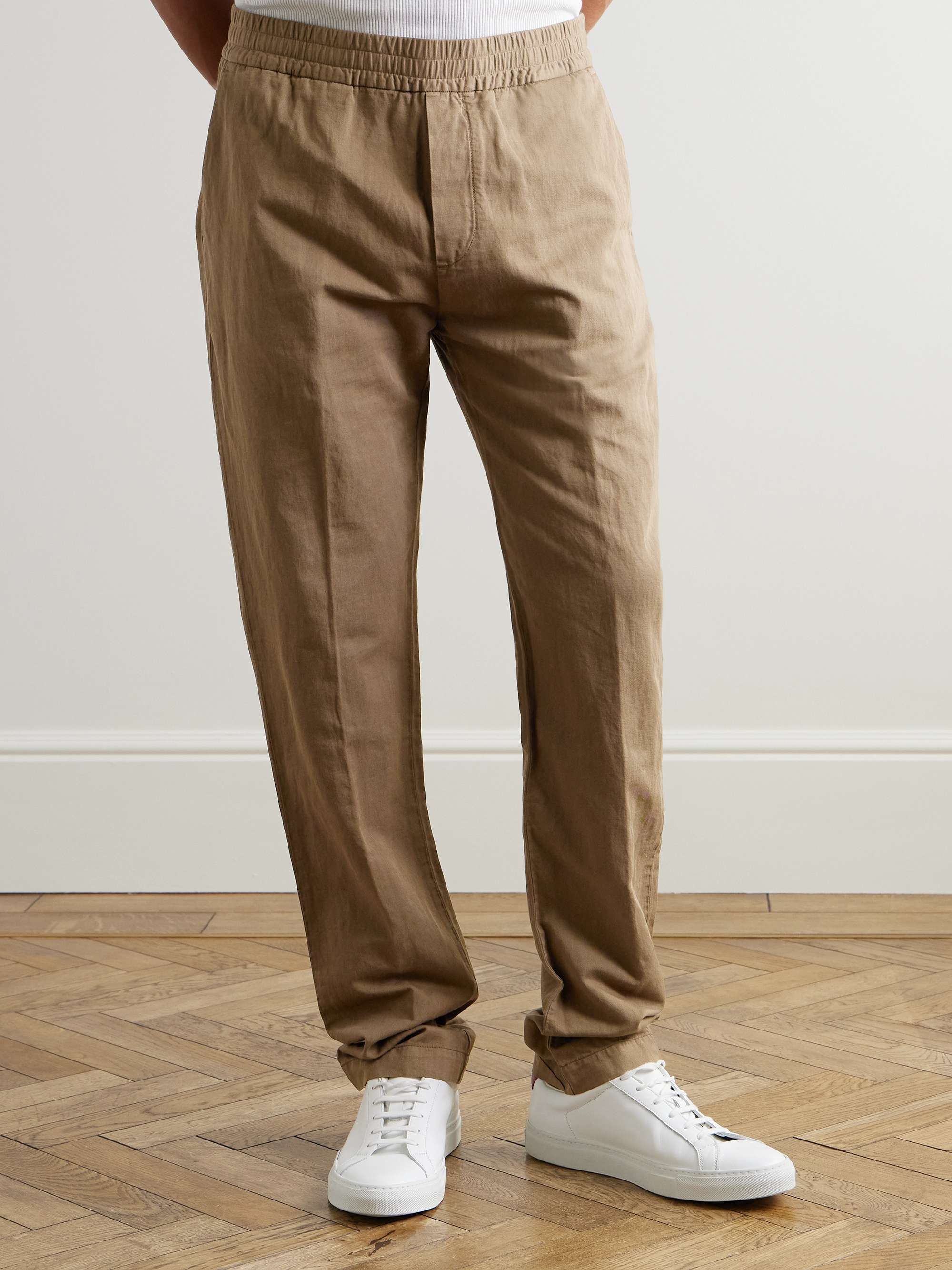 Straight-Leg Cotton and Linen-Blend Drawstring Trousers view