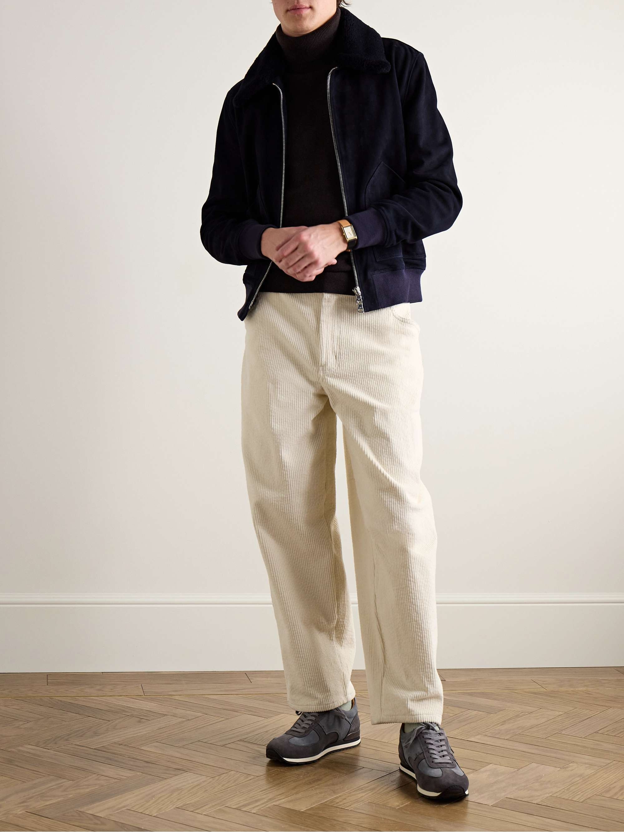 Shearling-Trimmed Suede Bomber Jacket view
