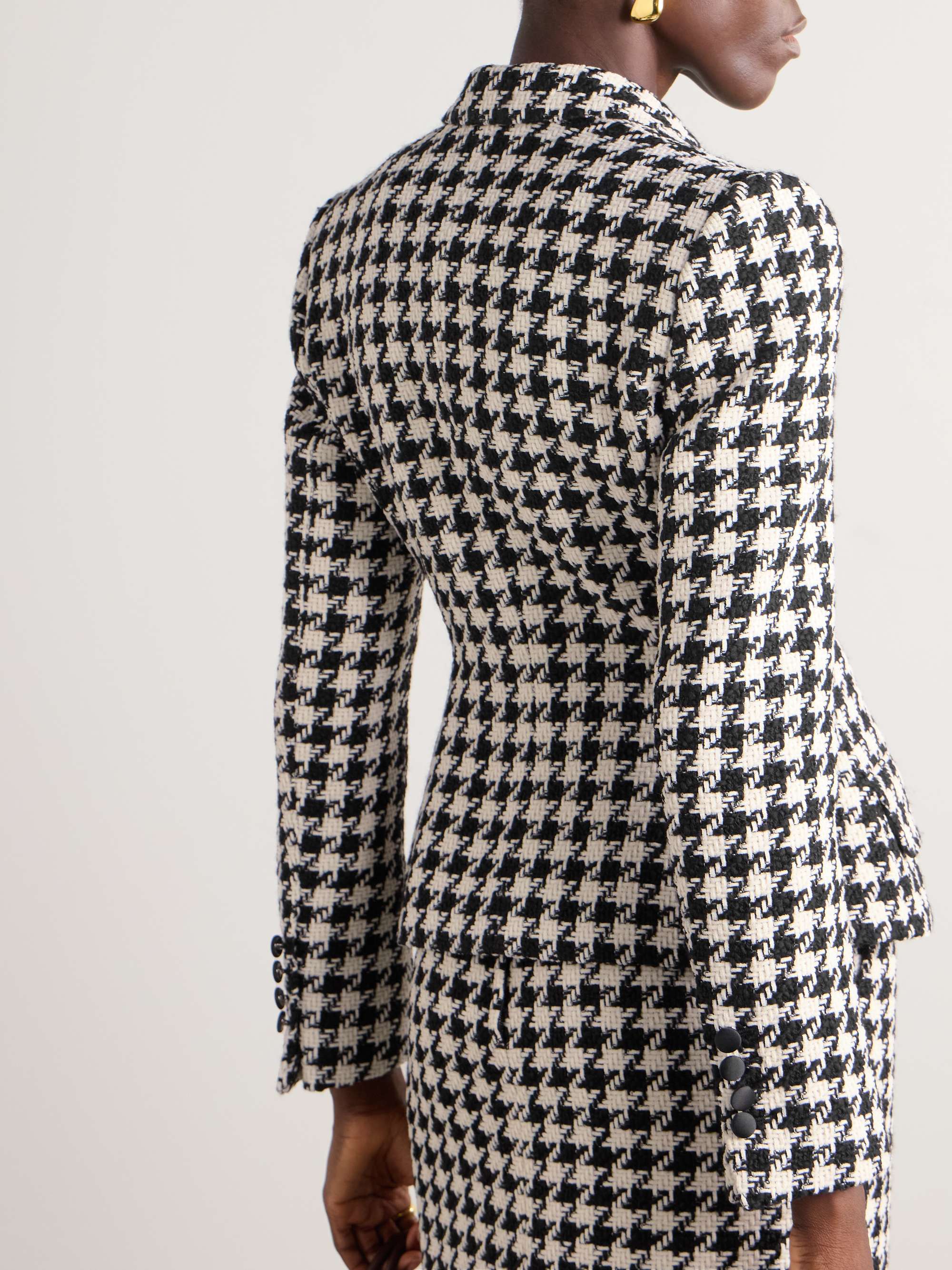 Double-breasted houndstooth wool and cotton-blend tweed blazer view