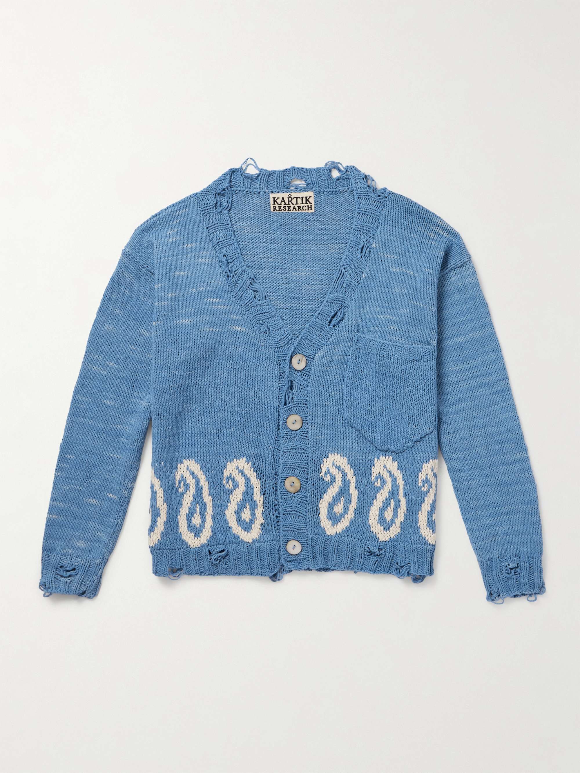 Distressed Intarsia-Knit Cotton Cardigan view