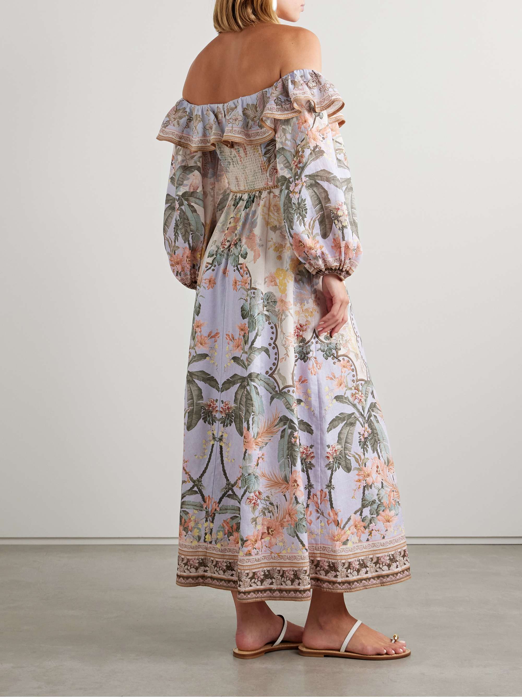 Wylie off-the-shoulder belted floral-print linen midi dress view