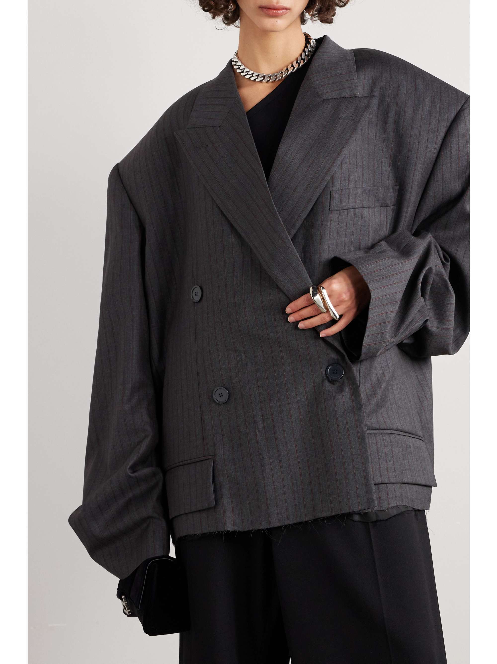 Oversized double-breasted distressed pinstriped wool blazer view