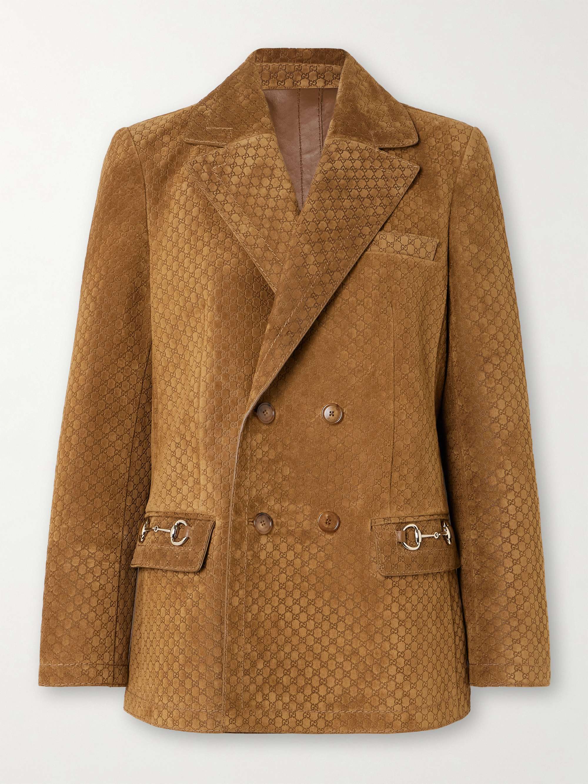 Double-breasted horsebit-detailed debossed suede blazer view