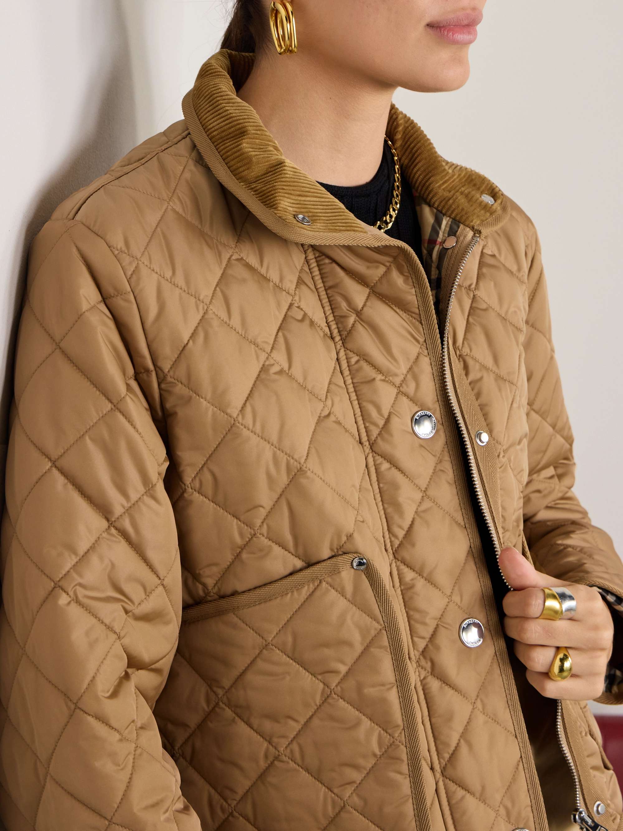 Hooded corduroy-trimmed quilted shell jacket view