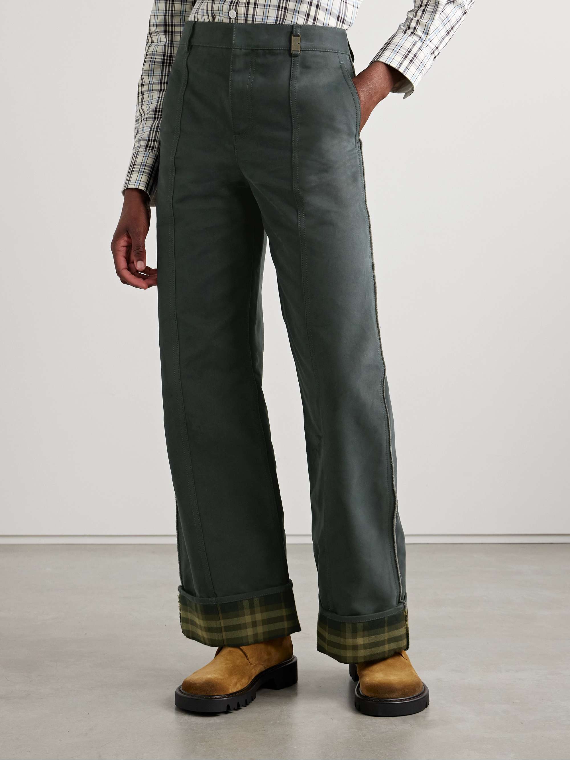Checked twill-trimmed brushed cotton-blend wide-leg pants view