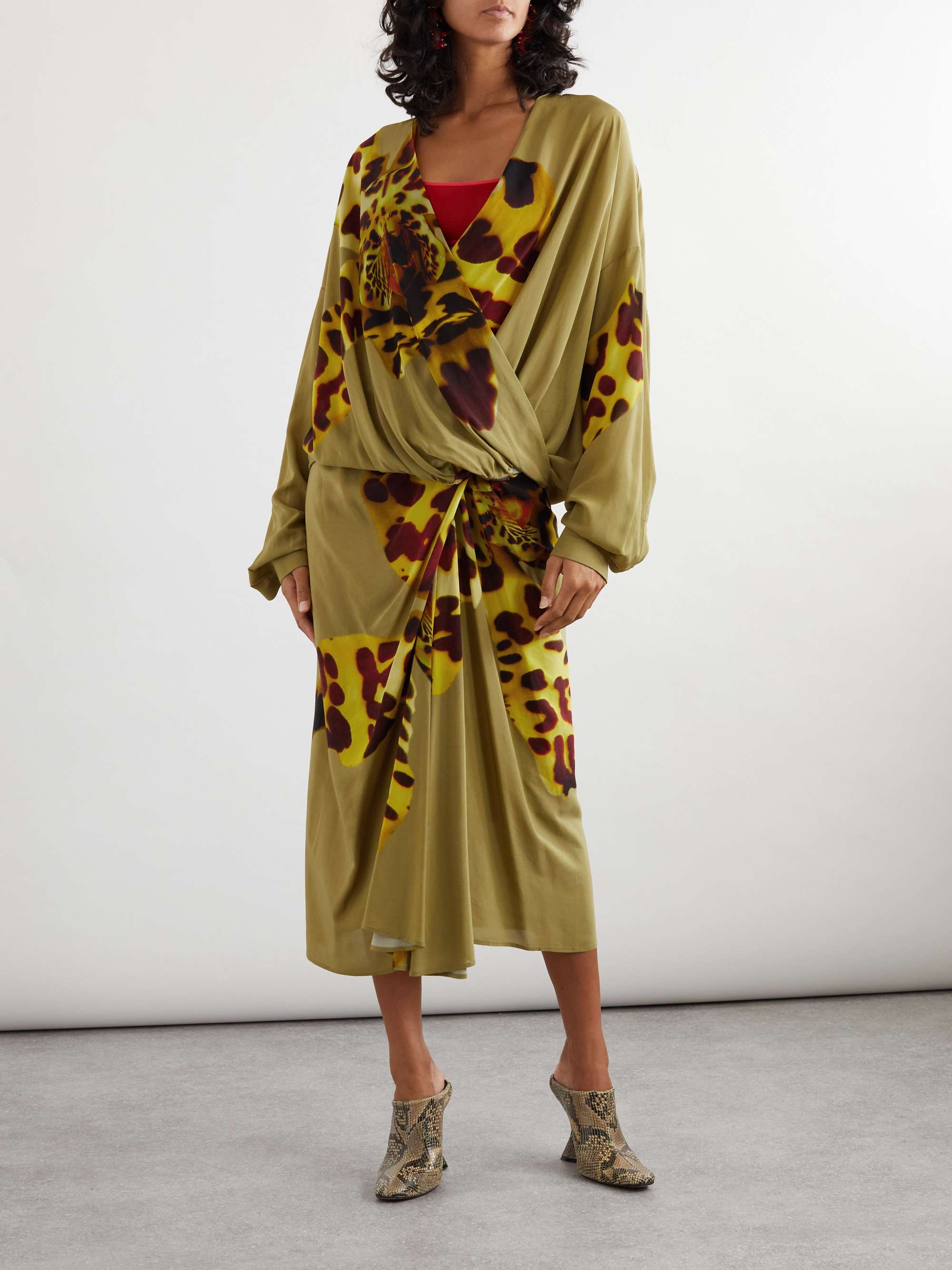 Gathered printed wrap-effect satin midi skirt view