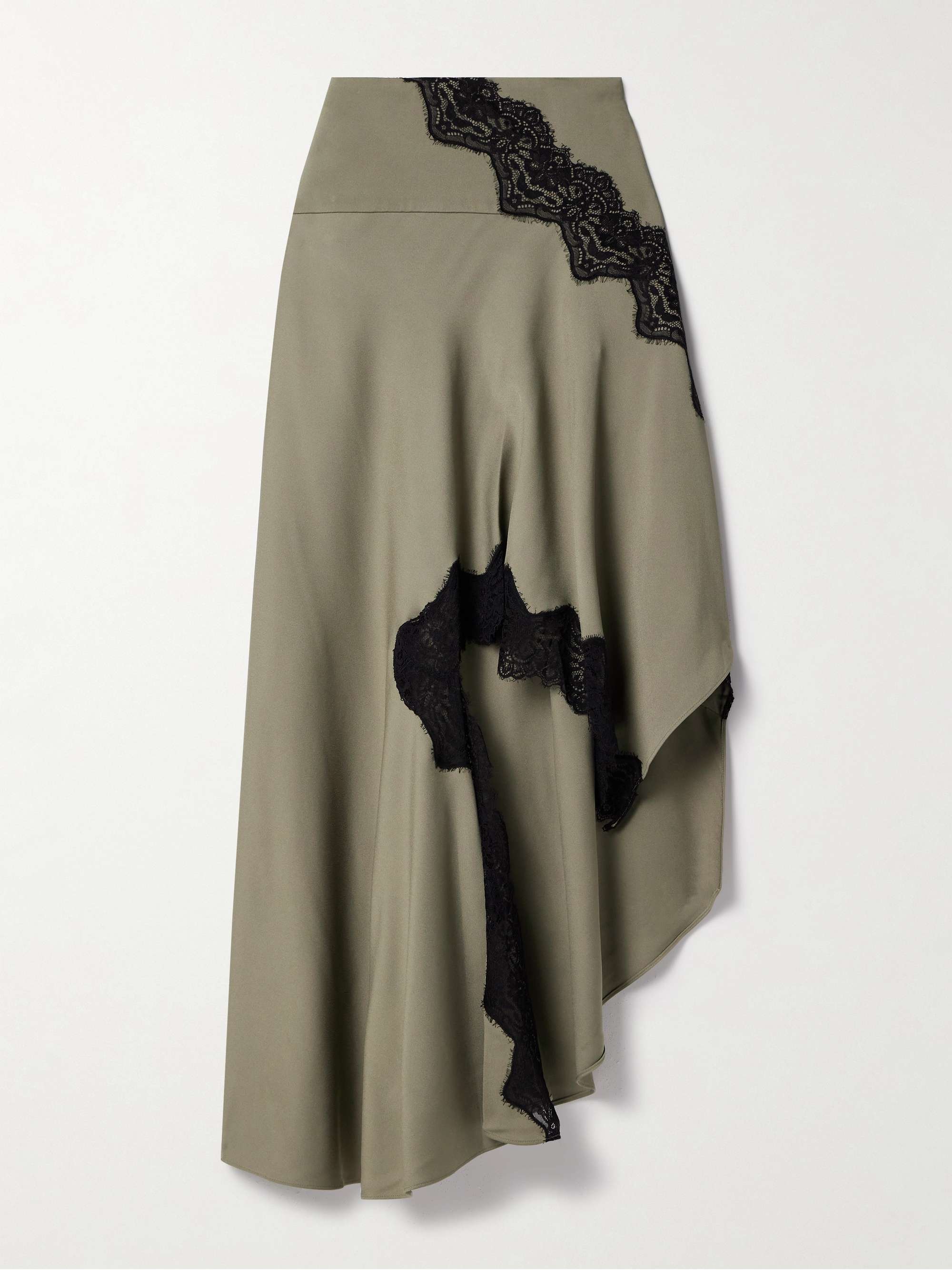 Verner asymmetric Chantilly lace-trimmed woven midi skirt view