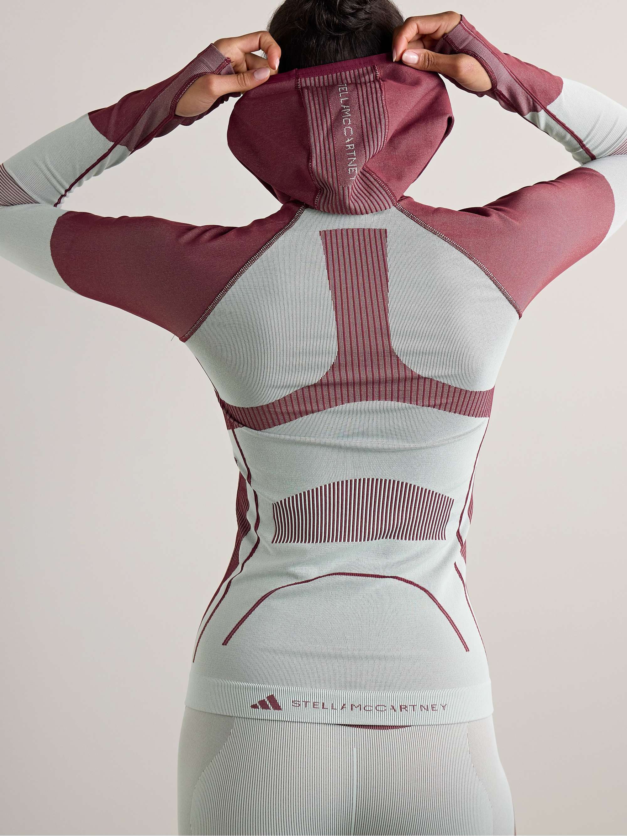 TrueNature hooded ribbed stretch recycled jacquard-knit top view