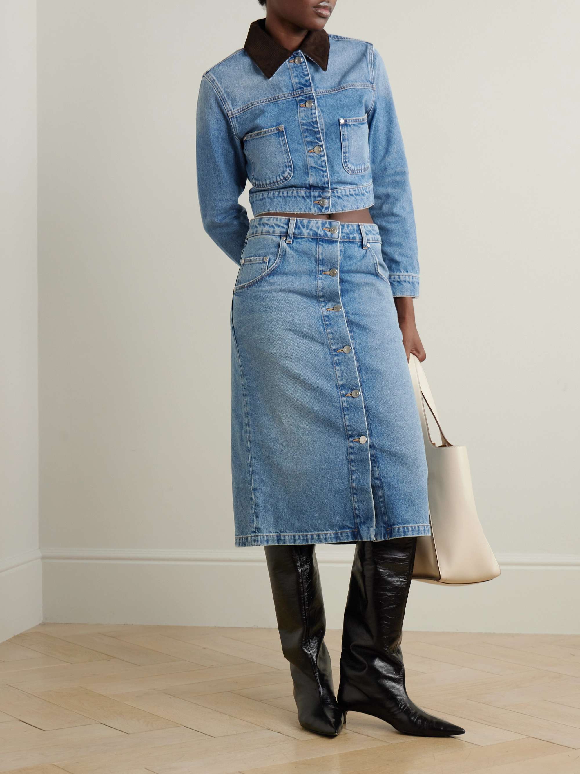Embellished organic denim midi skirt view