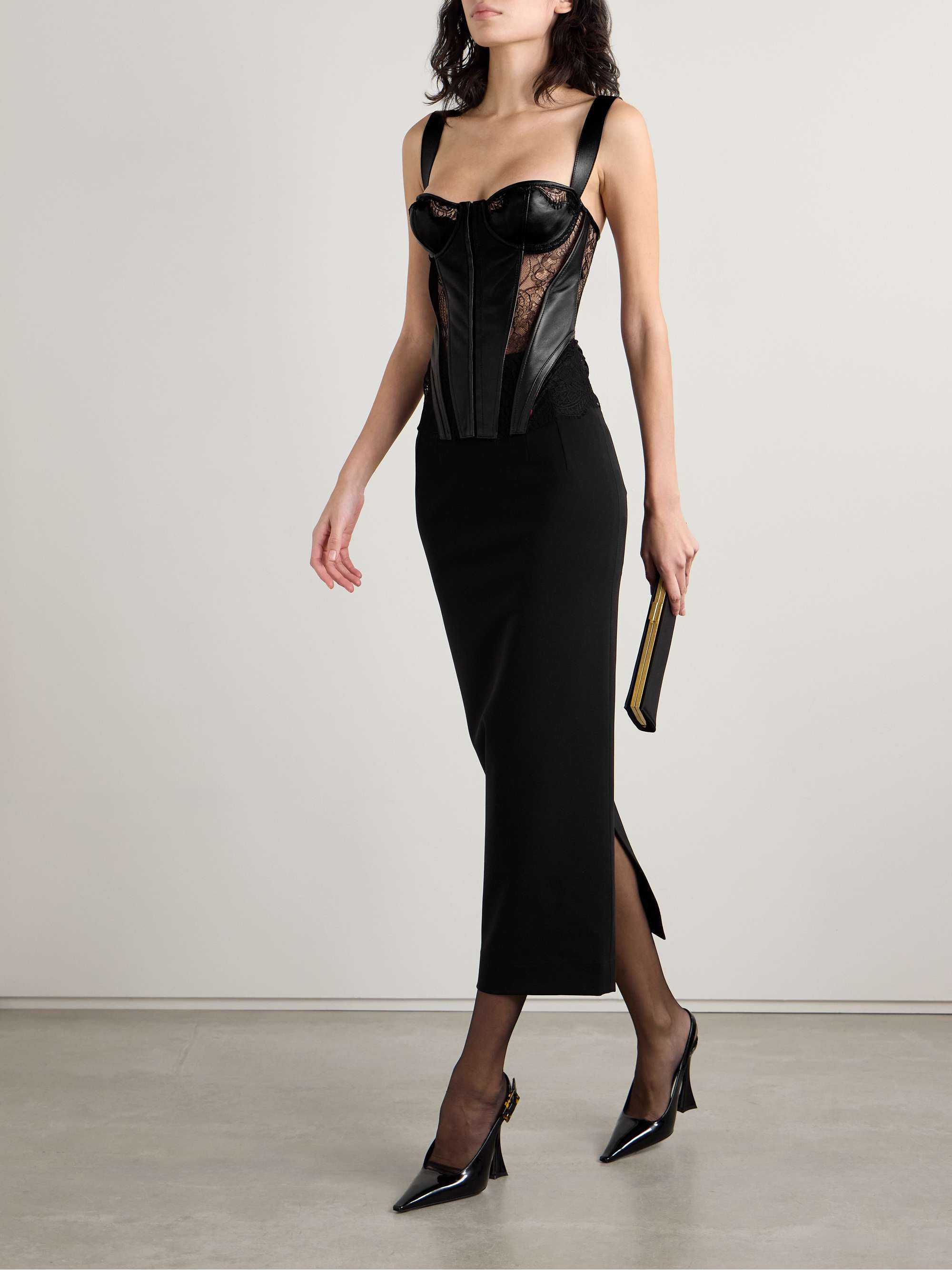 Paneled leather and lace bustier top view