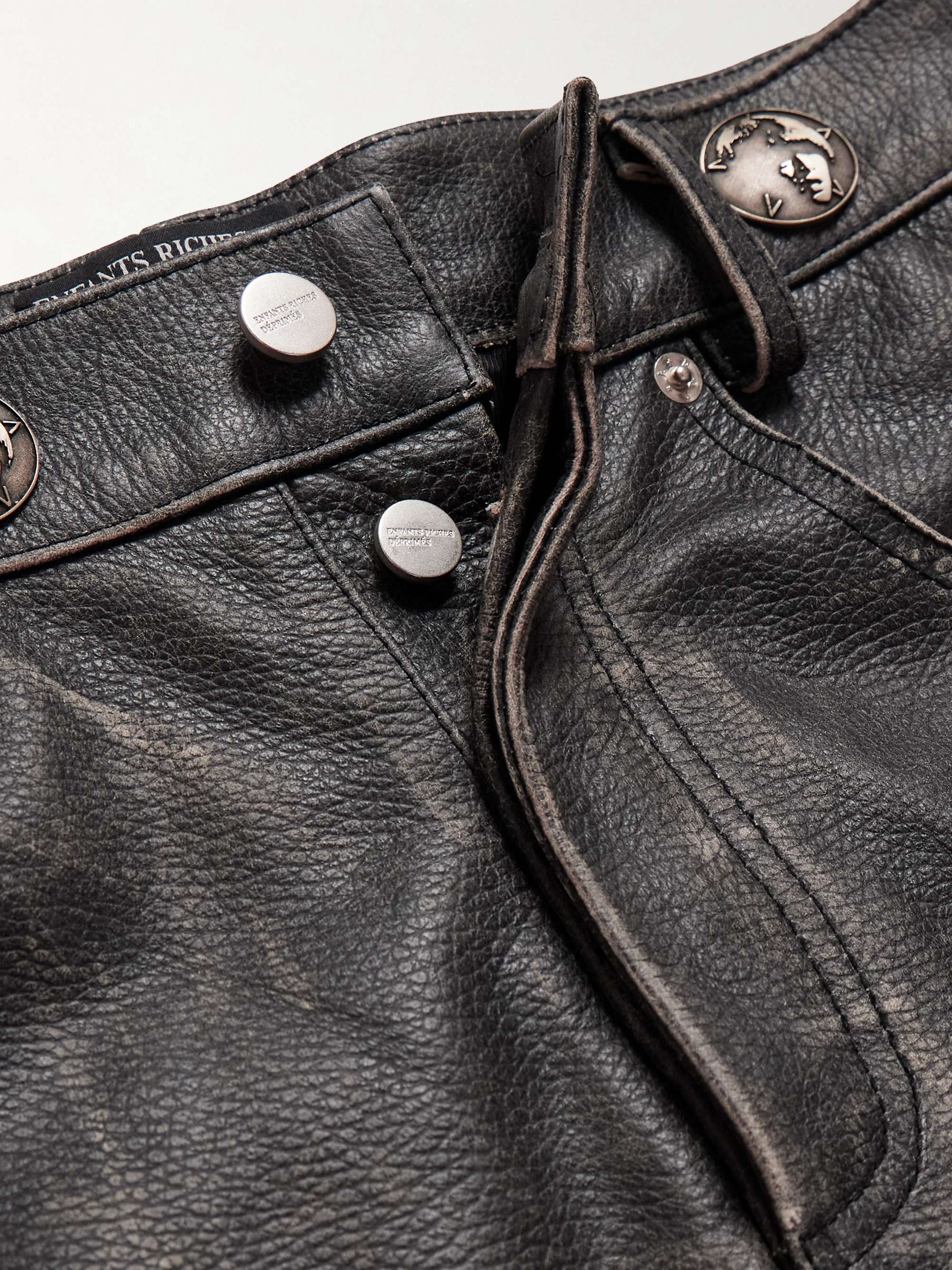 Straight-Leg Embellished Distressed Leather Trousers view