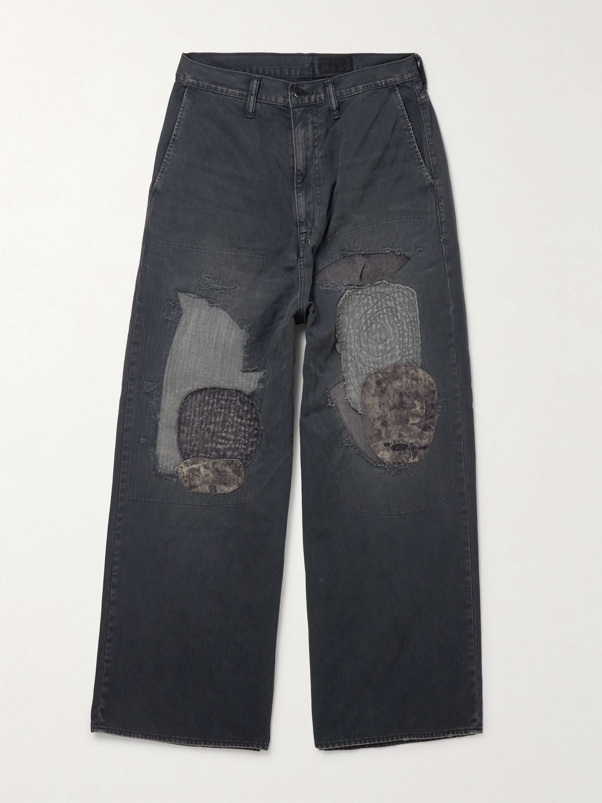 Katsuragi Port Straight-Leg Patchwork Distressed Cotton-Twill Trousers view