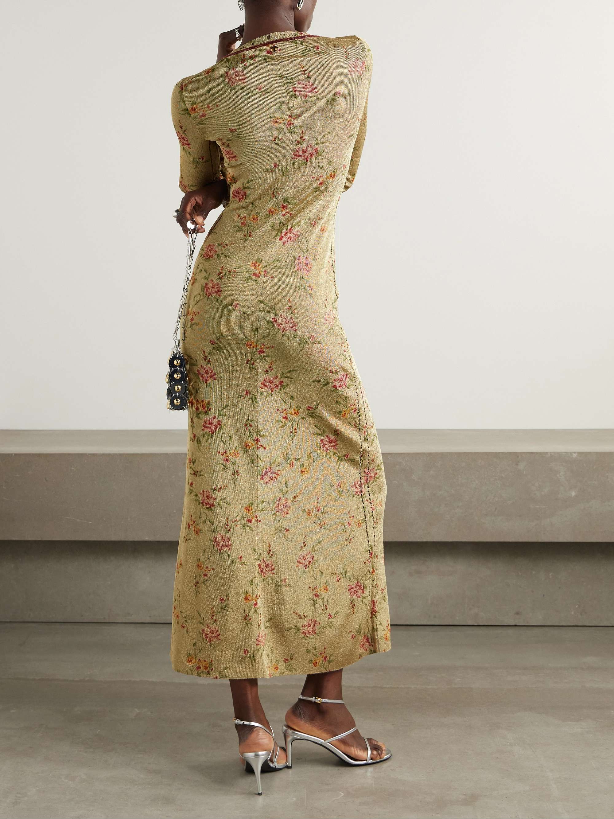 Distressed floral-print metallic knitted maxi dress view