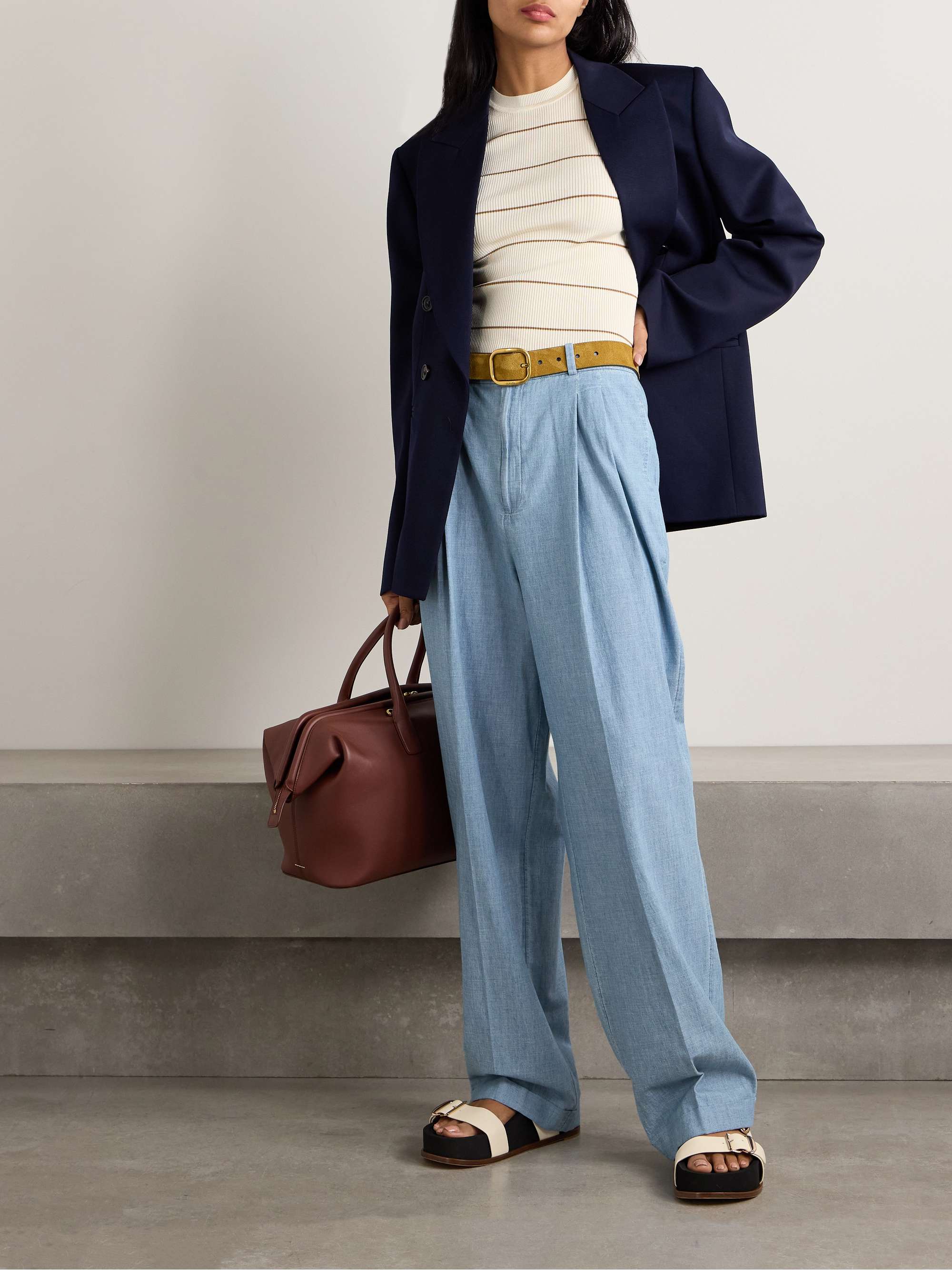 Pleated cotton-chambray wide-leg pants view