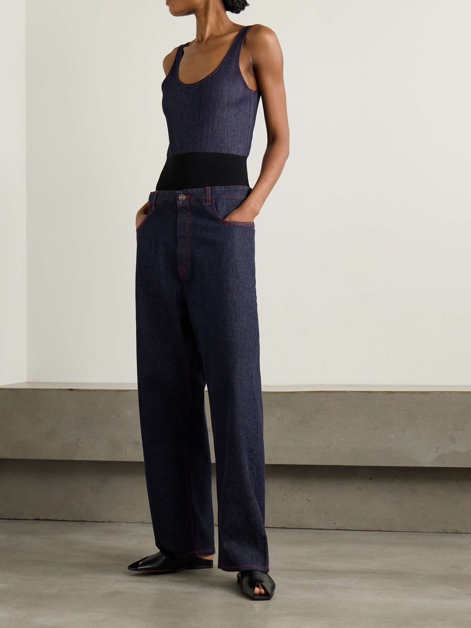 Stretch knit-trimmed jeans view