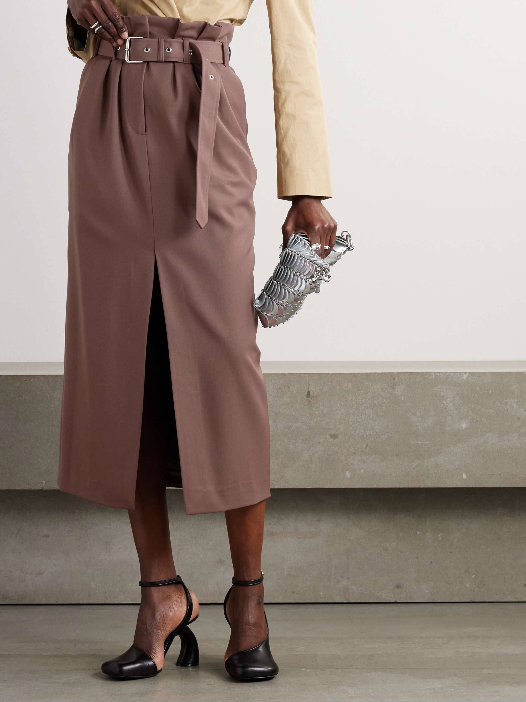 Belted pleated wool-twill midi skirt view
