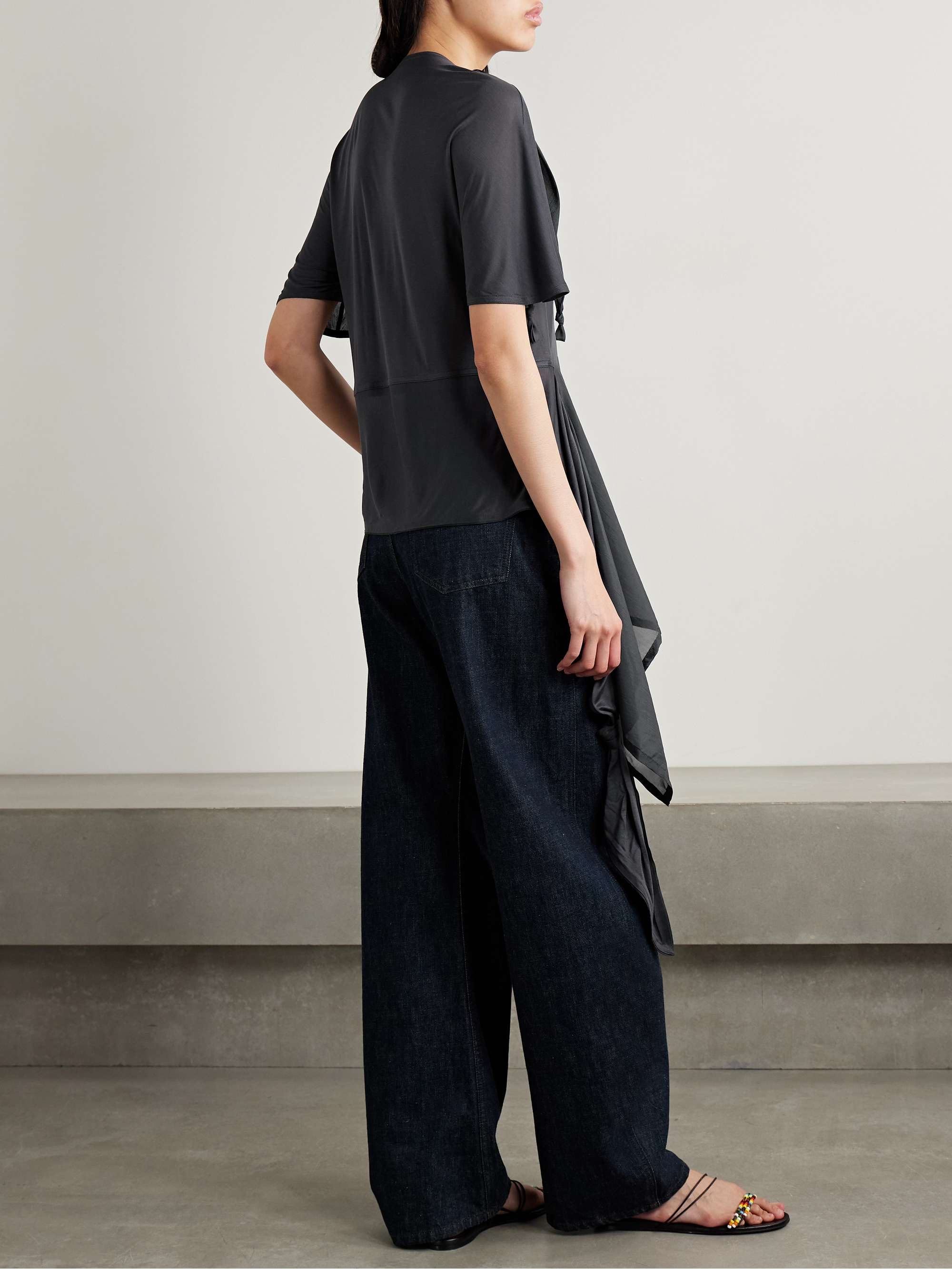 Draped convertible paneled organic silk-chiffon and silk-jersey top view