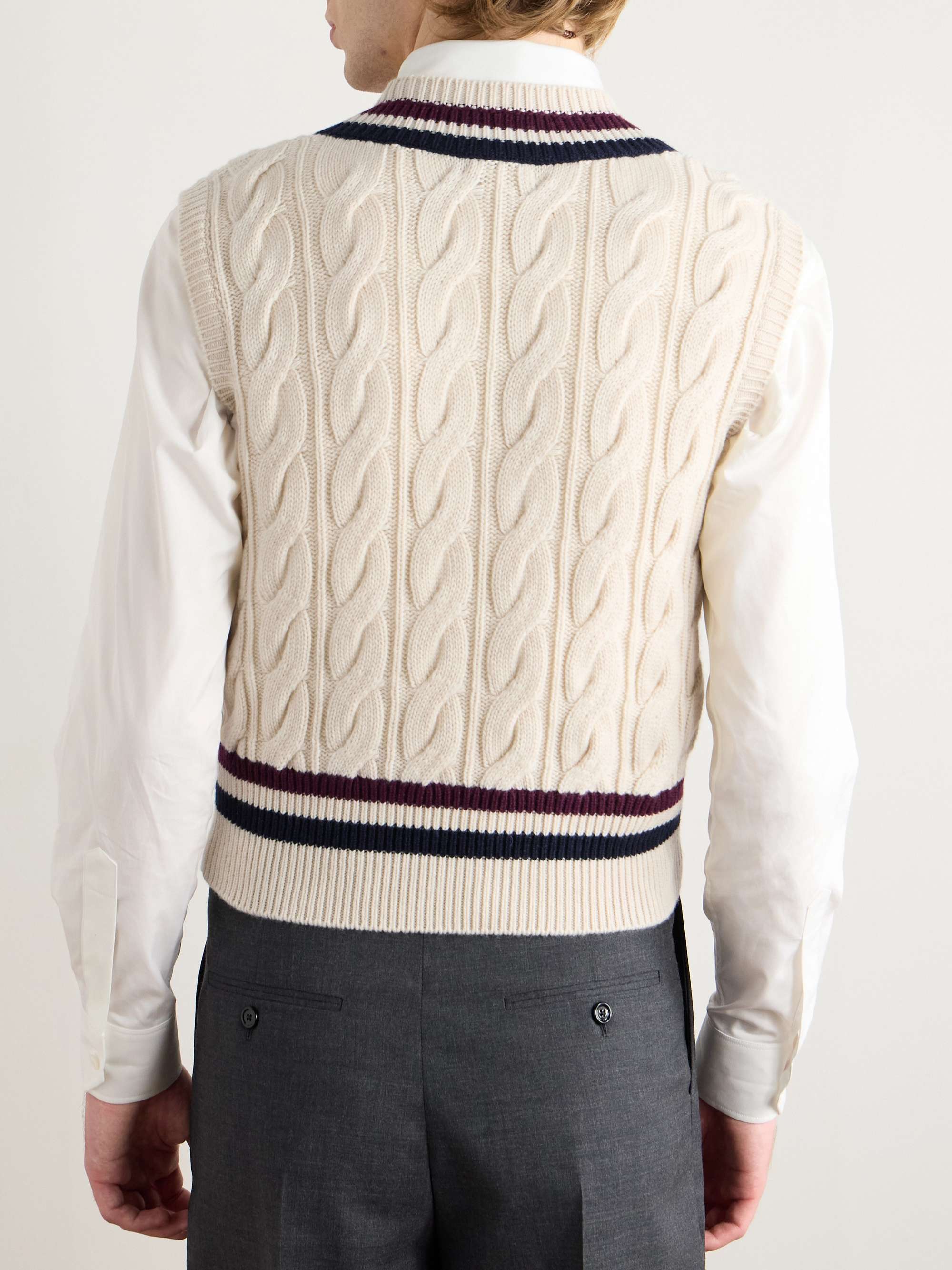 Logo-Appliquéd Cable-Knit Striped Cashmere Sweater Vest view