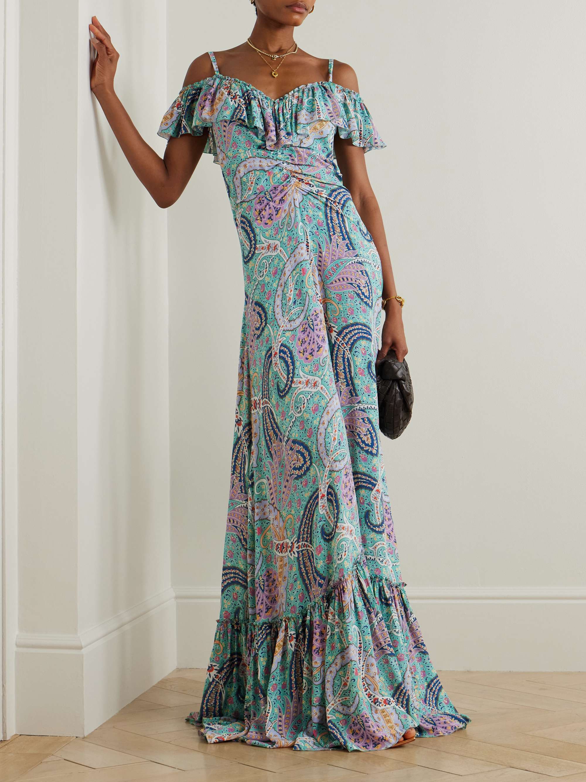 Off-the-shoulder ruffled paisley-print georgette maxi dress view