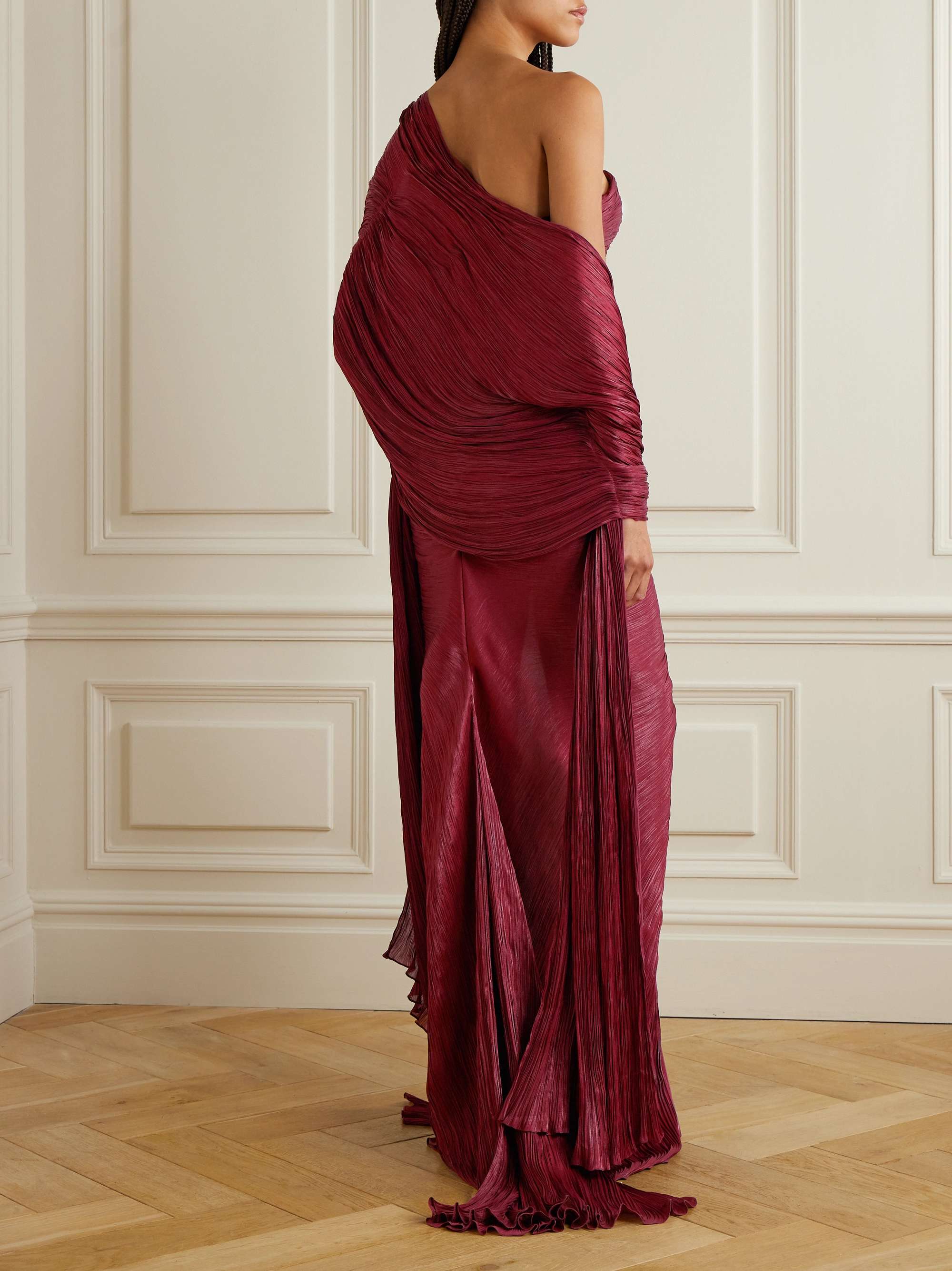 Strapless plissé silk-satin gown and cape view