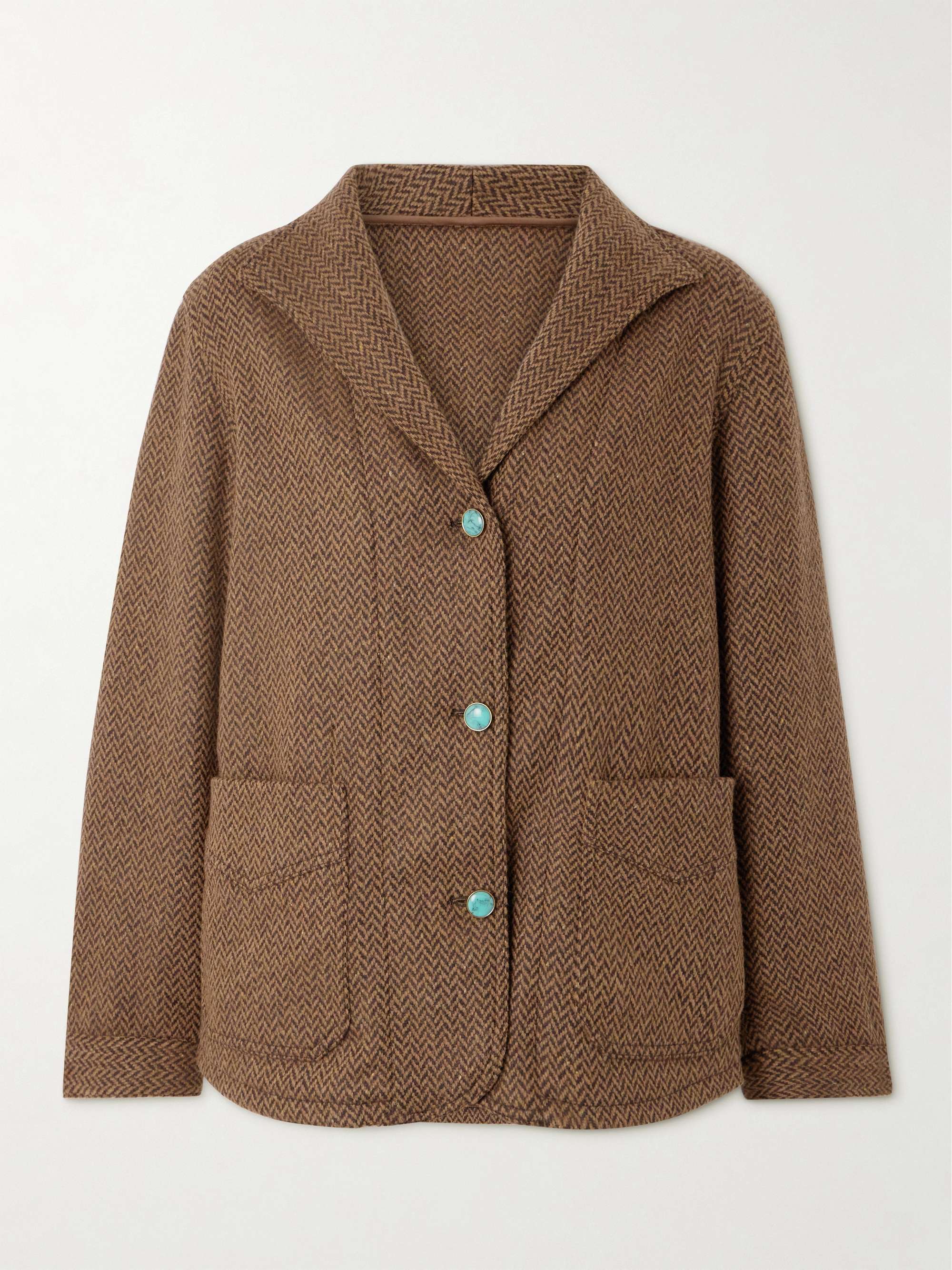 Turquoise-embellished herringbone wool-blend tweed jacket view