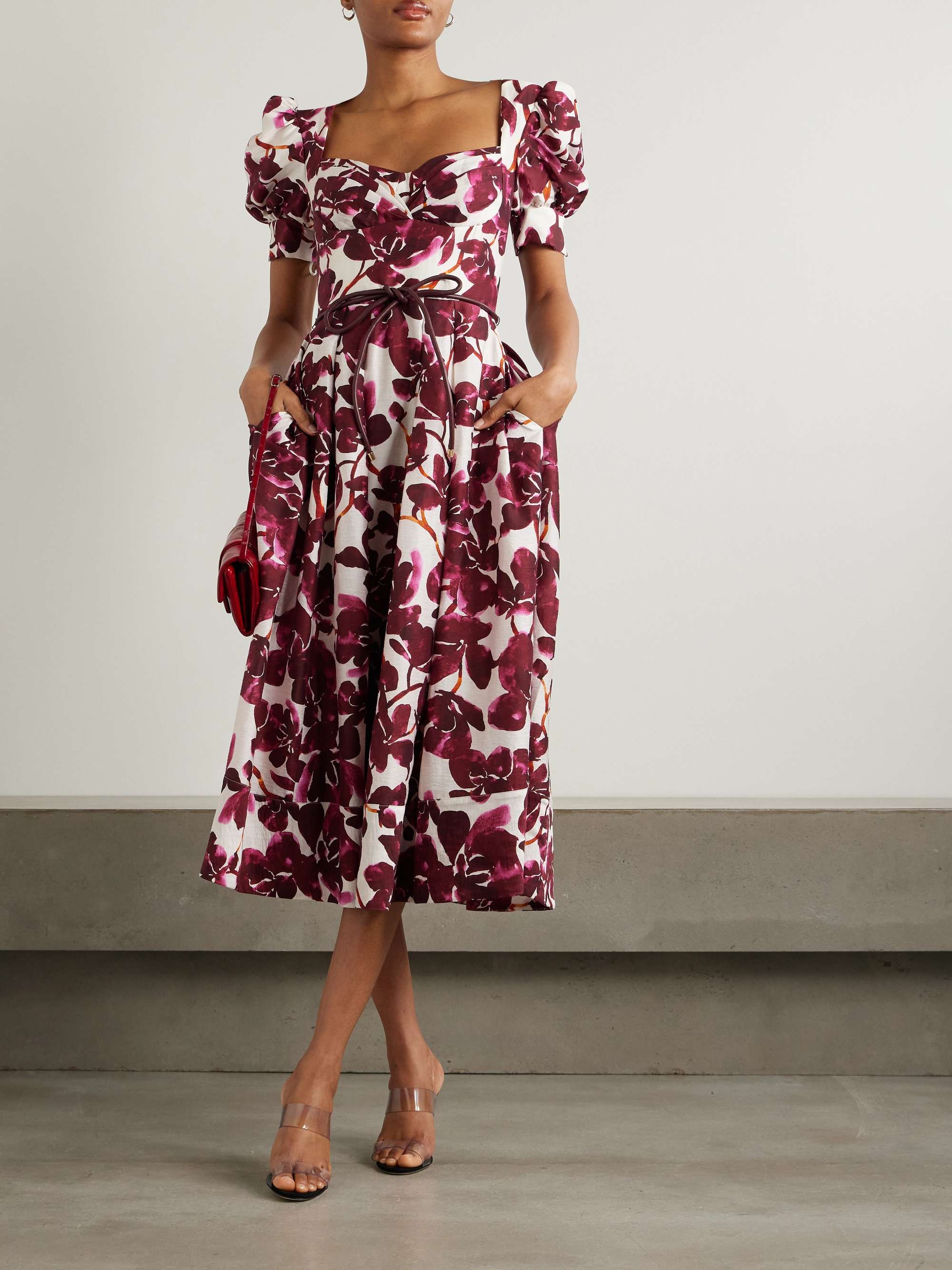 Nerissa belted leather-trimmed floral-print voile midi dress view