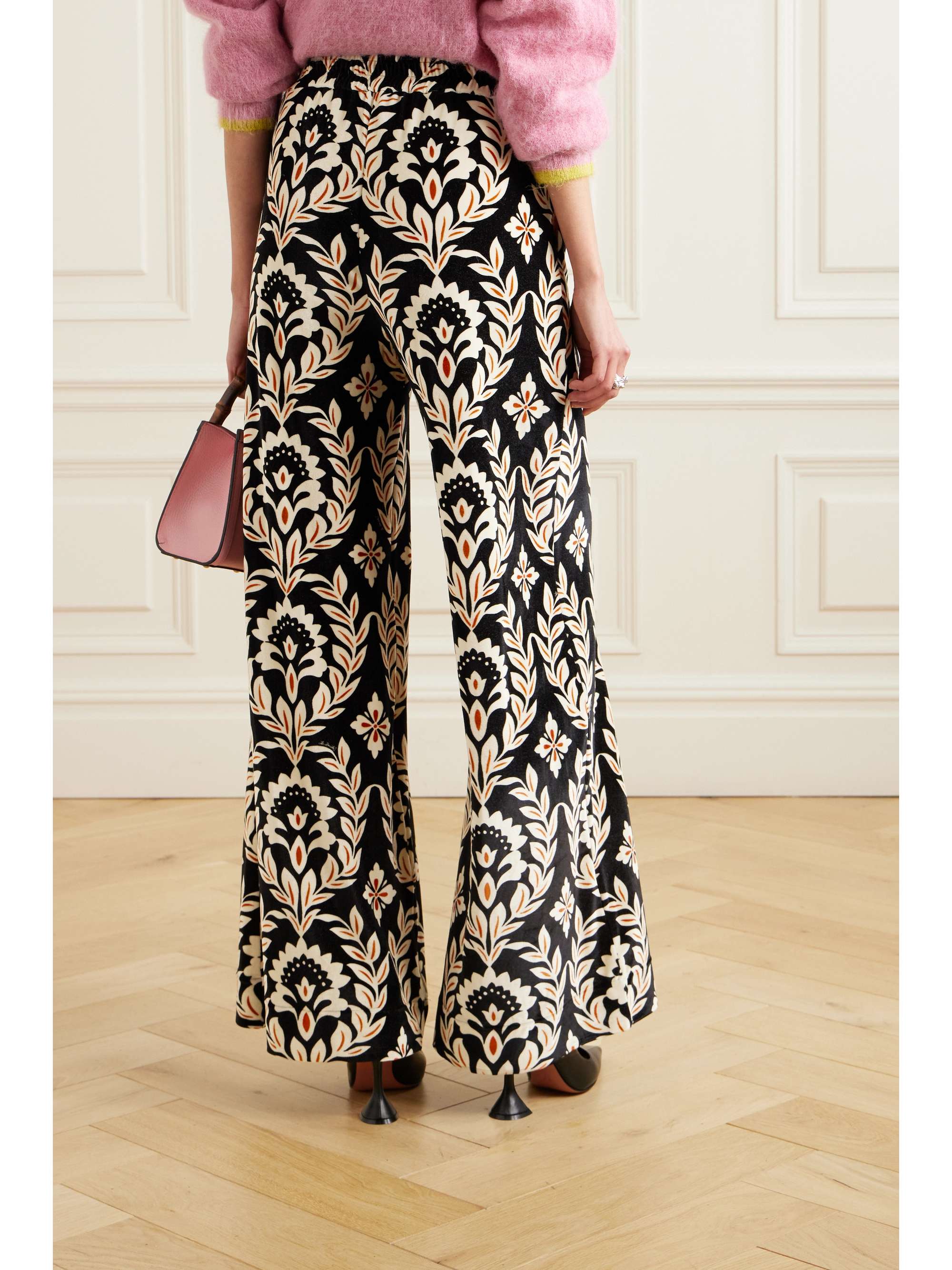 Printed stretch-velvet wide-leg pants view