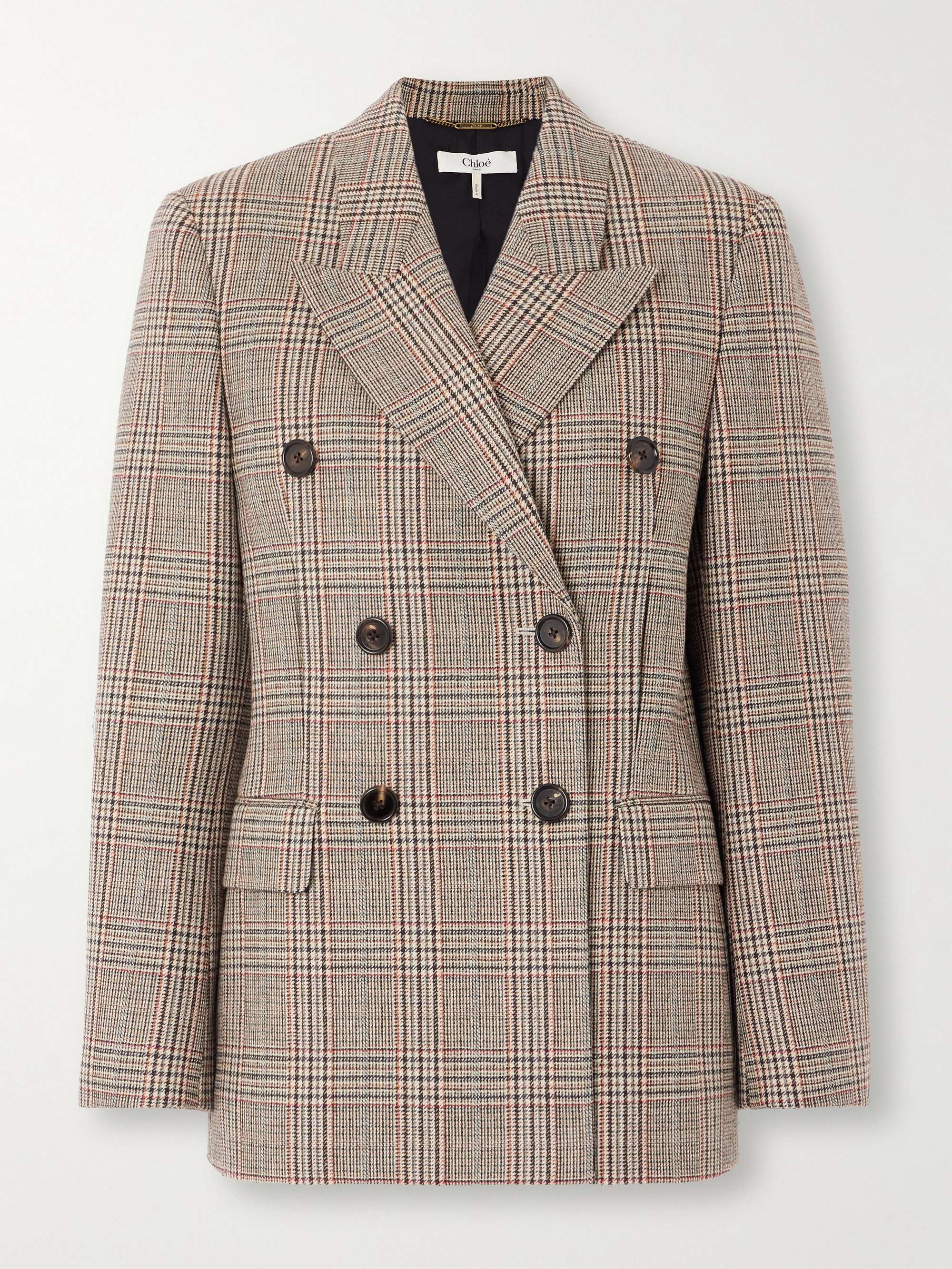 Double-breasted checked wool-blend blazer view