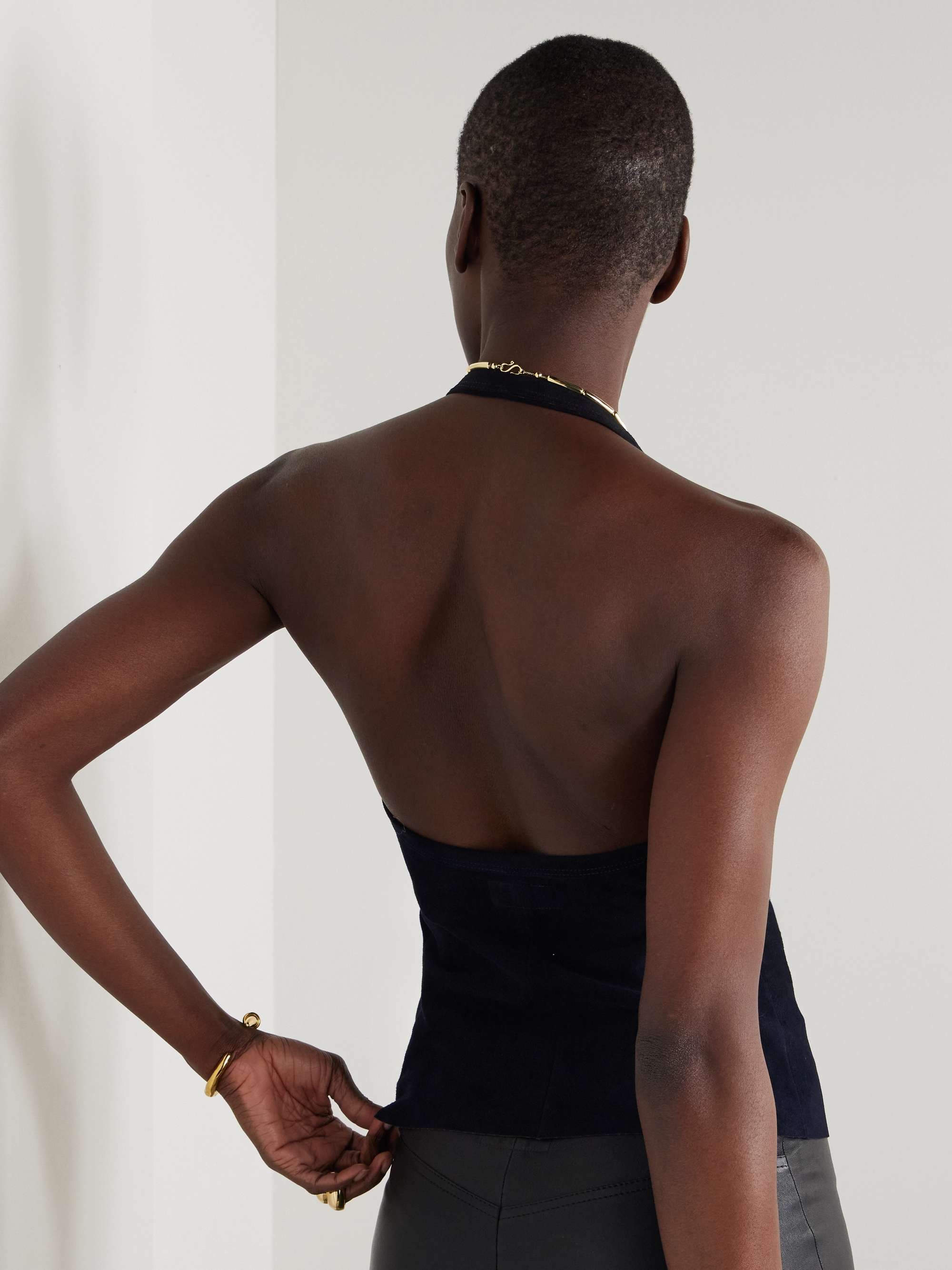 Cherry open-back suede halterneck tank view