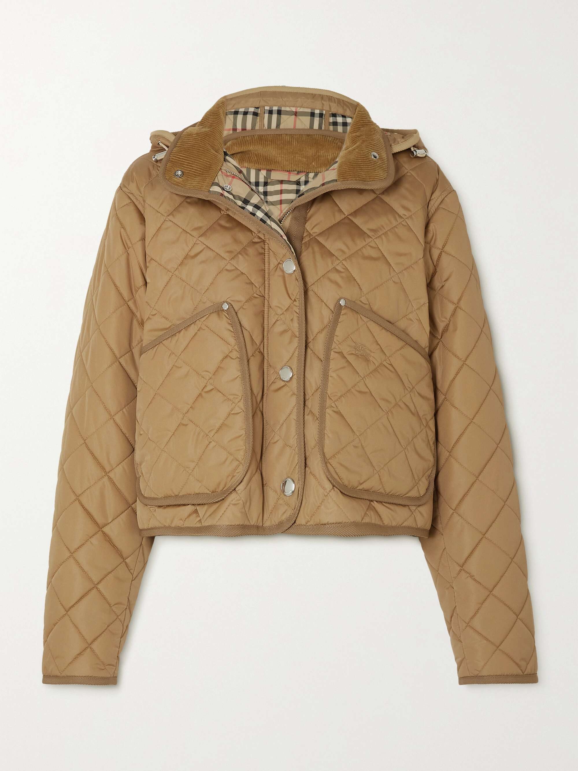 Hooded corduroy-trimmed quilted shell jacket view