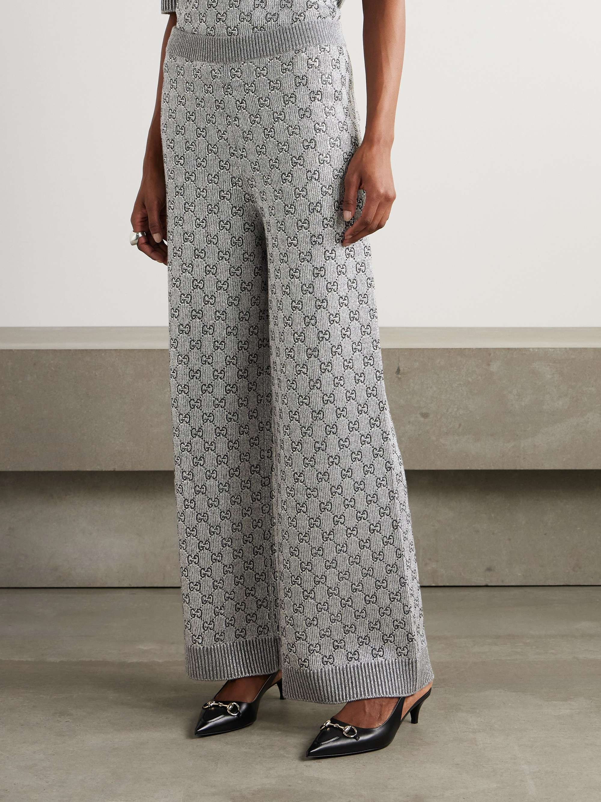 Crystal-embellished metallic wool-blend wide-leg pants view