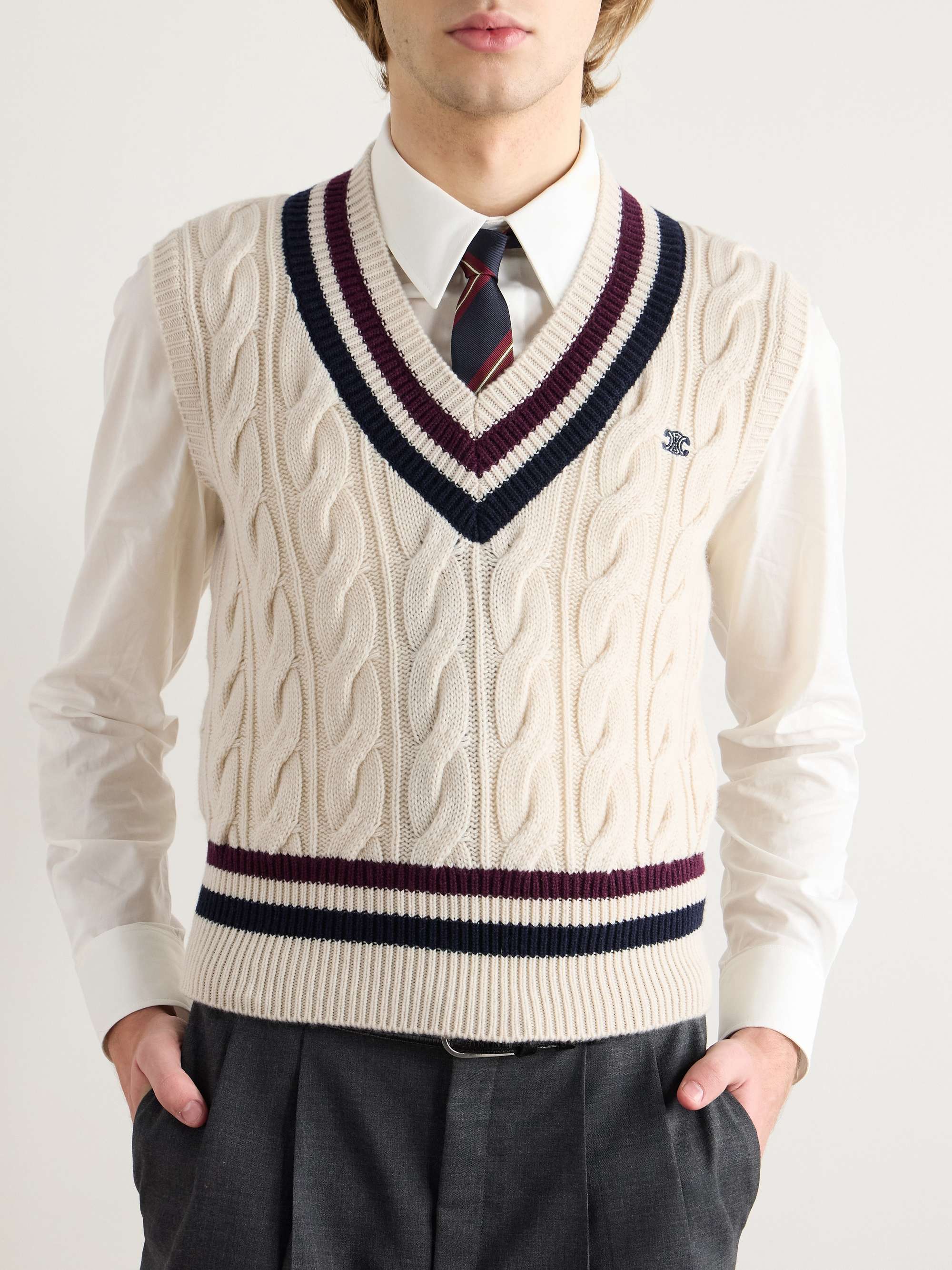Logo-Appliquéd Cable-Knit Striped Cashmere Sweater Vest view