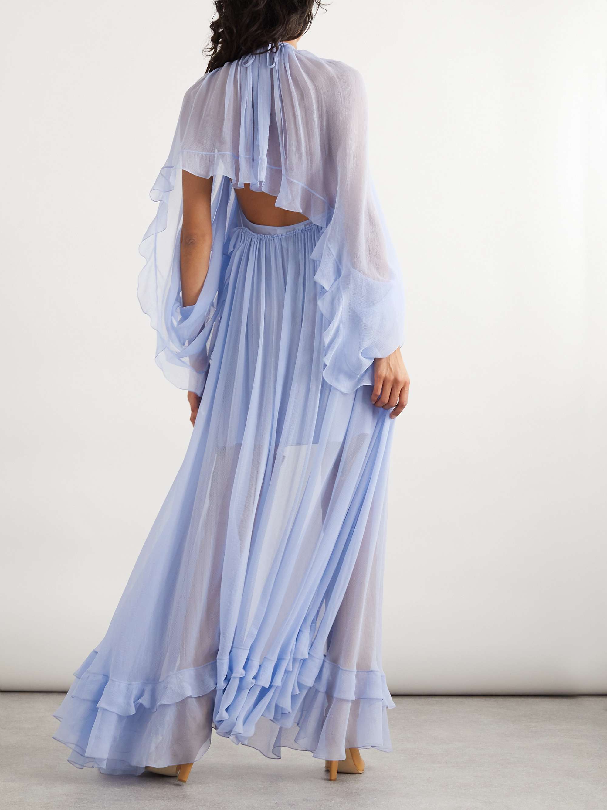 Cape-effect open-back ruffled silk-crepon gown view