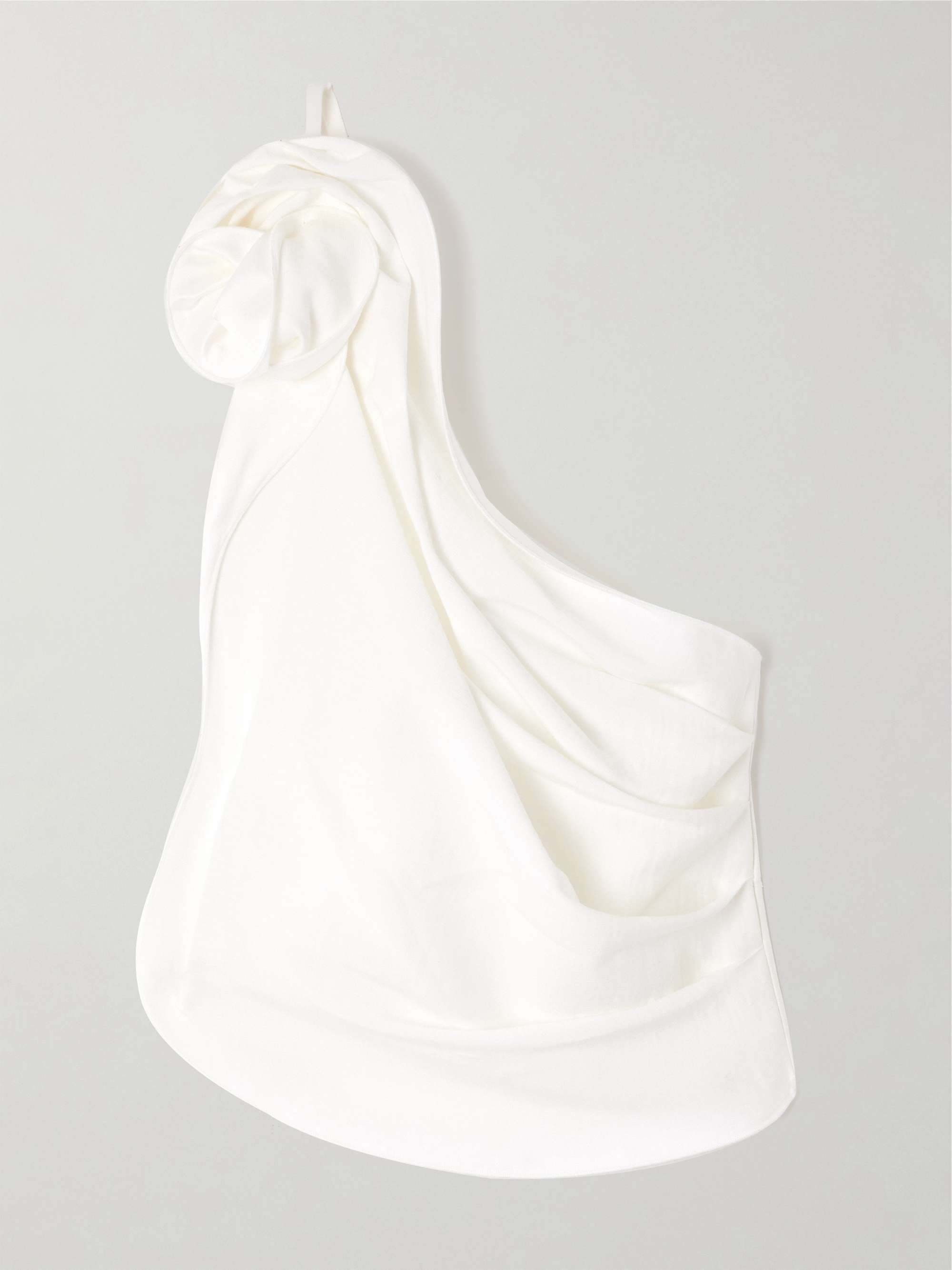 One-shoulder appliquéd draped woven top view