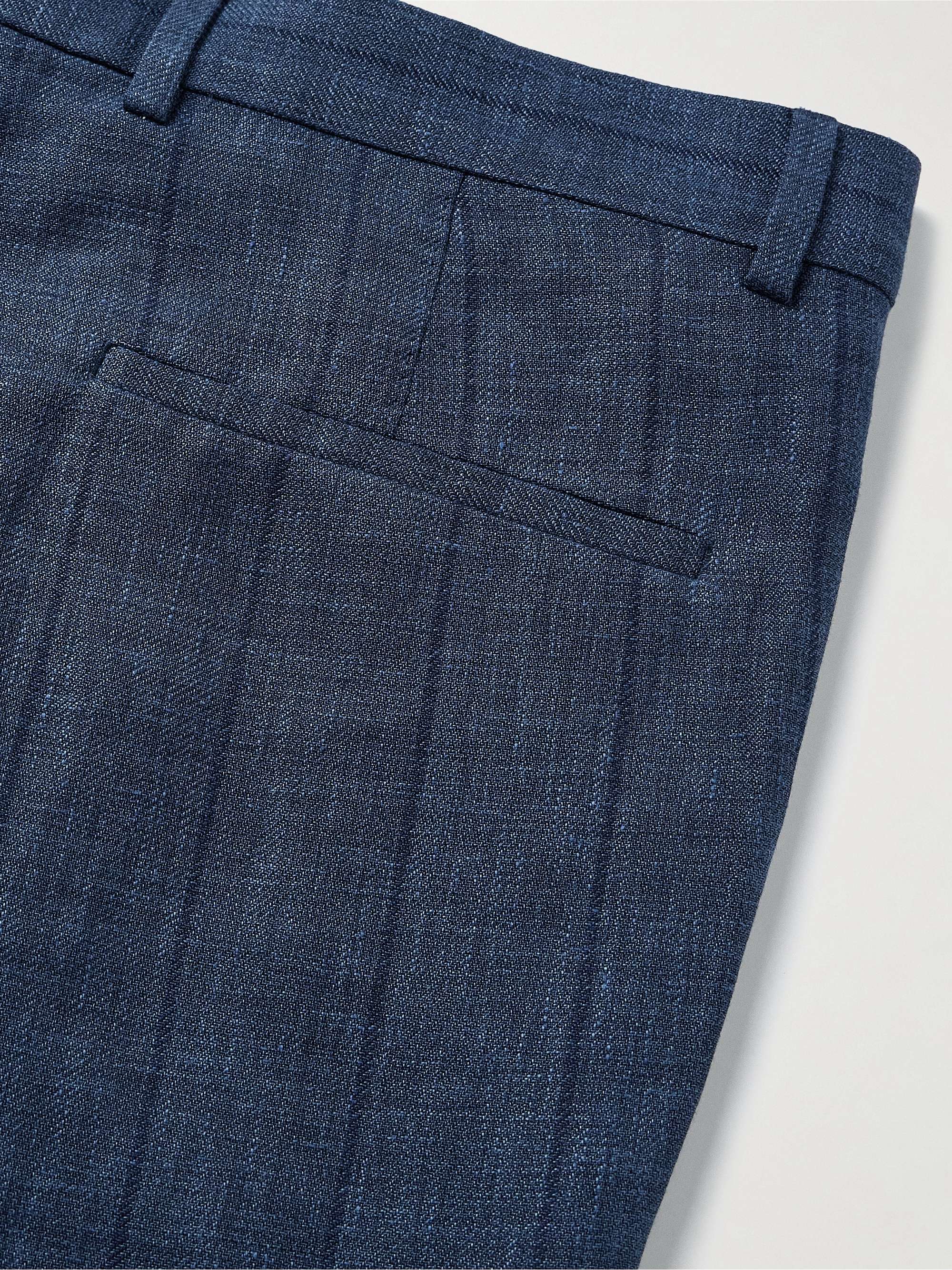 Slim-Fit Pleated Striped Wool, Linen and Silk-Blend Suit Trousers view