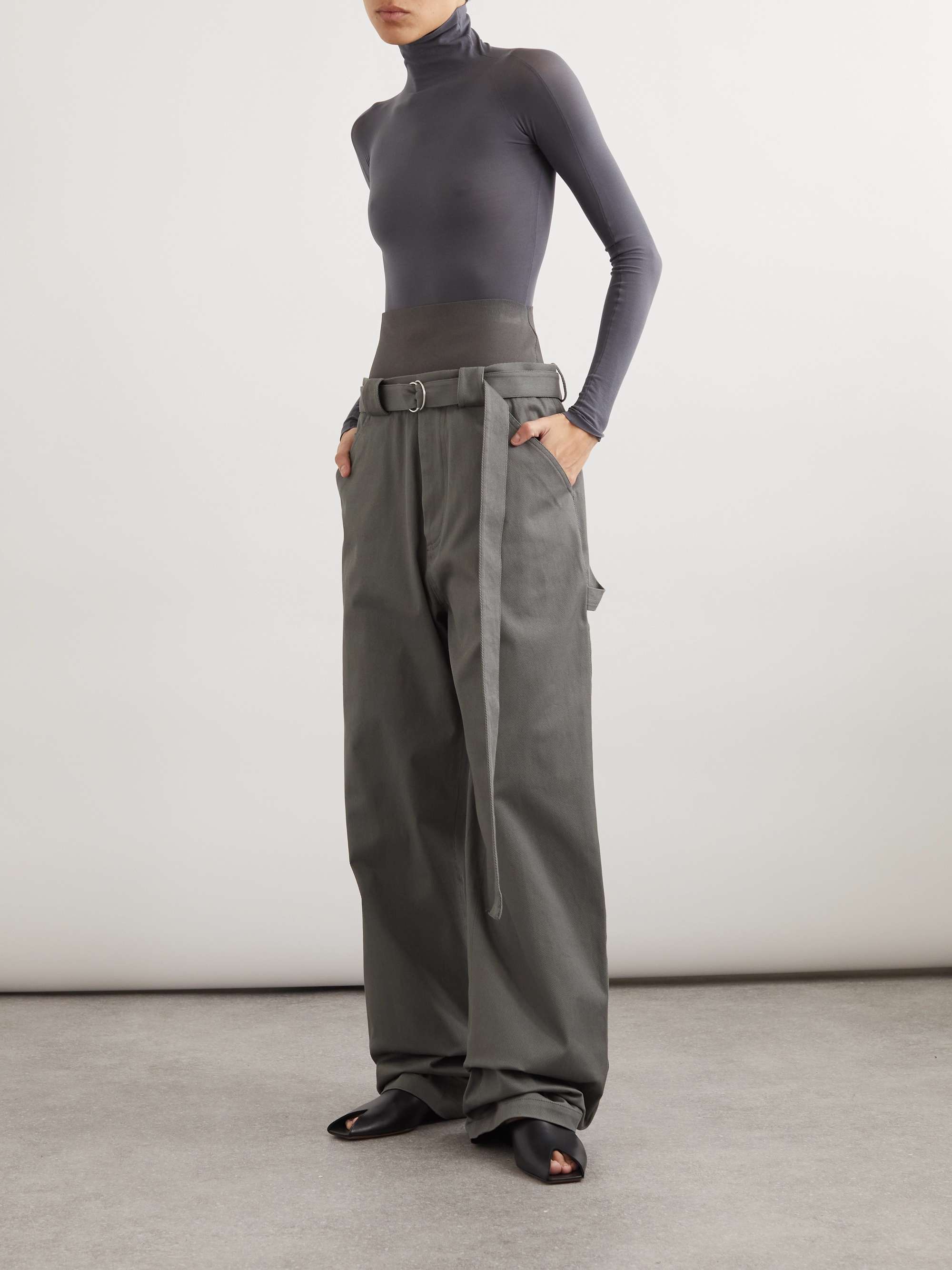 Belted jersey-paneled cotton-blend twill pants view