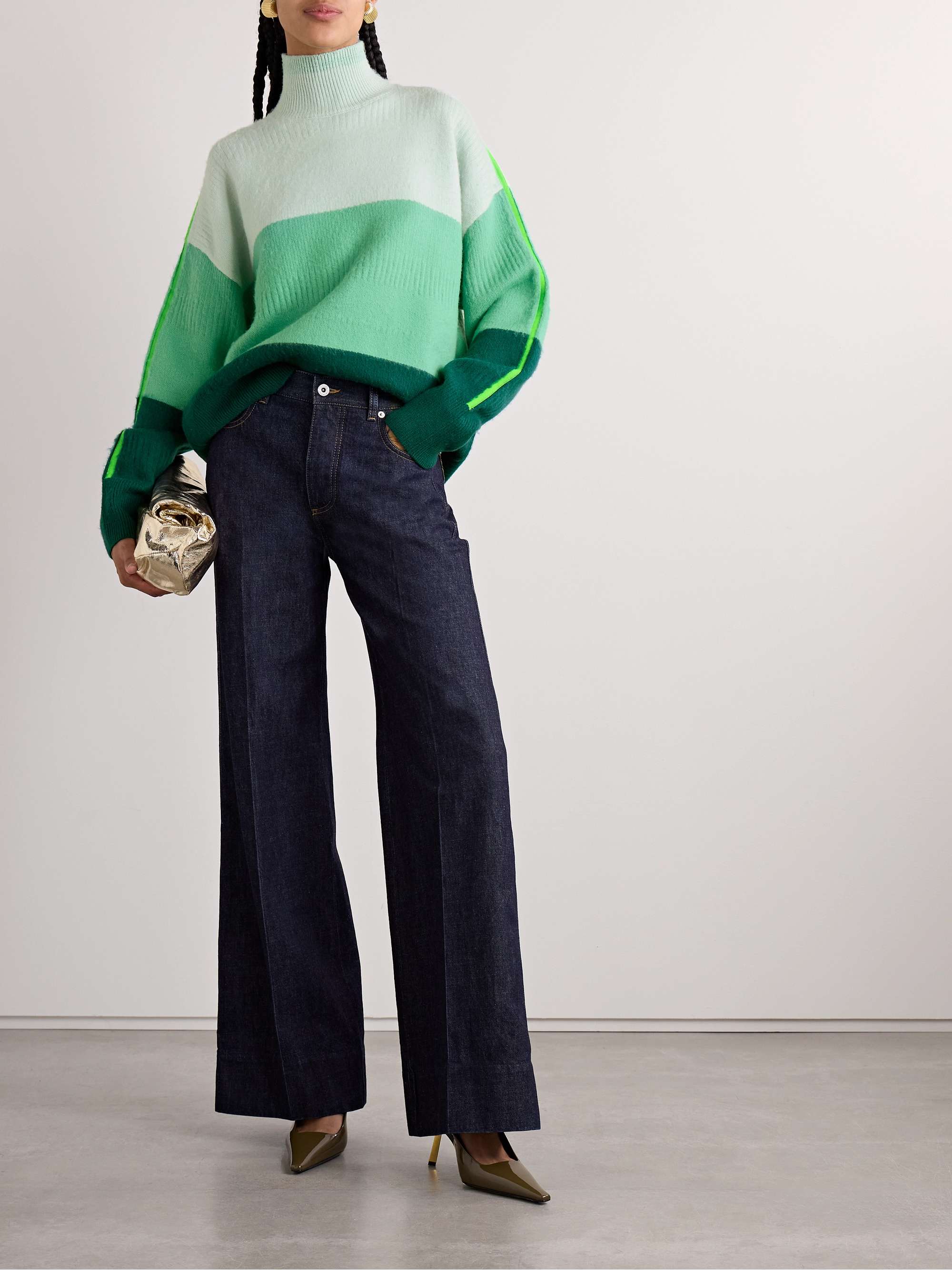 Brushed striped merino wool-blend turtleneck sweater view