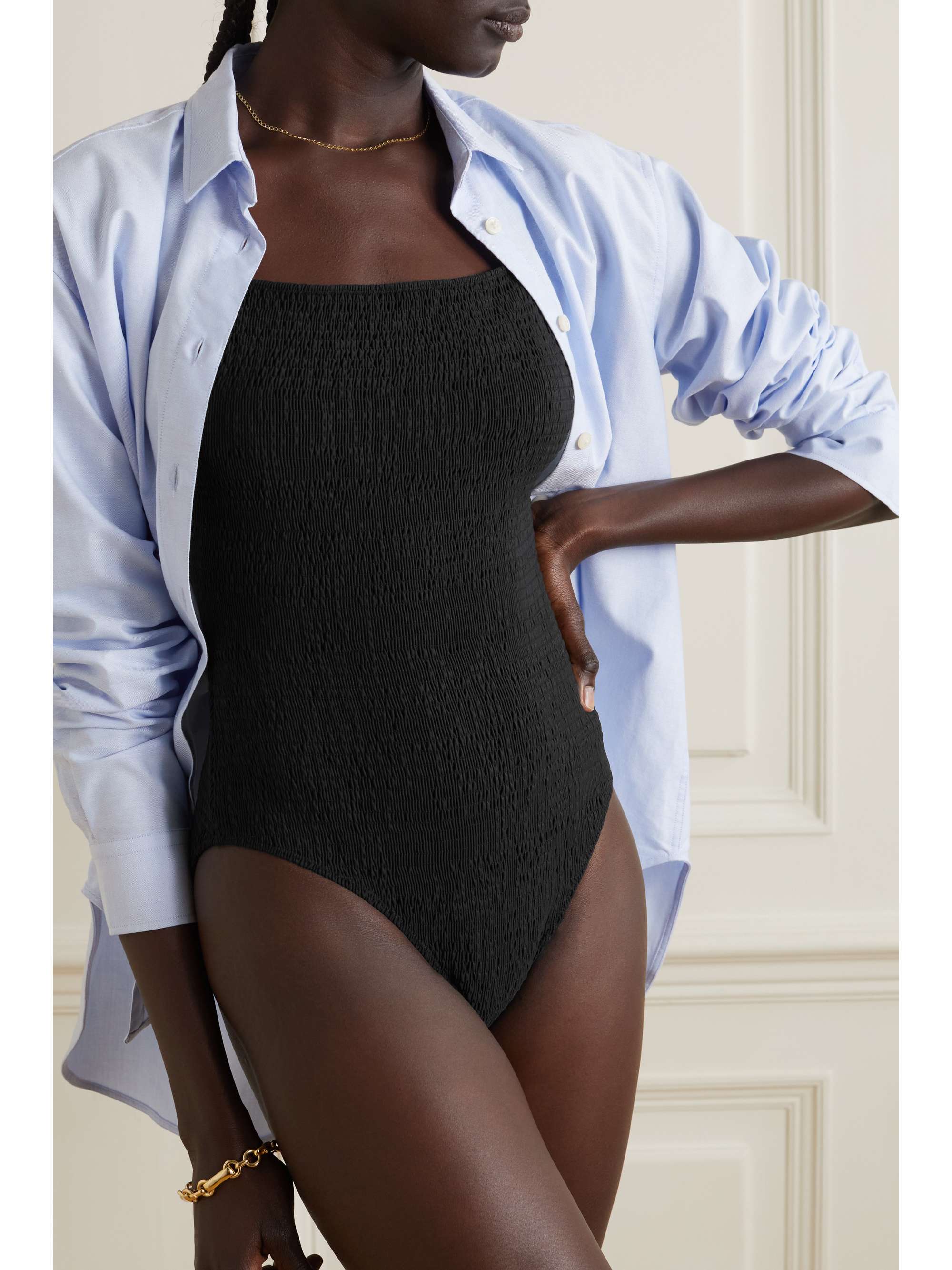 + NET SUSTAIN open-back stretch recycled-seersucker swimsuit view