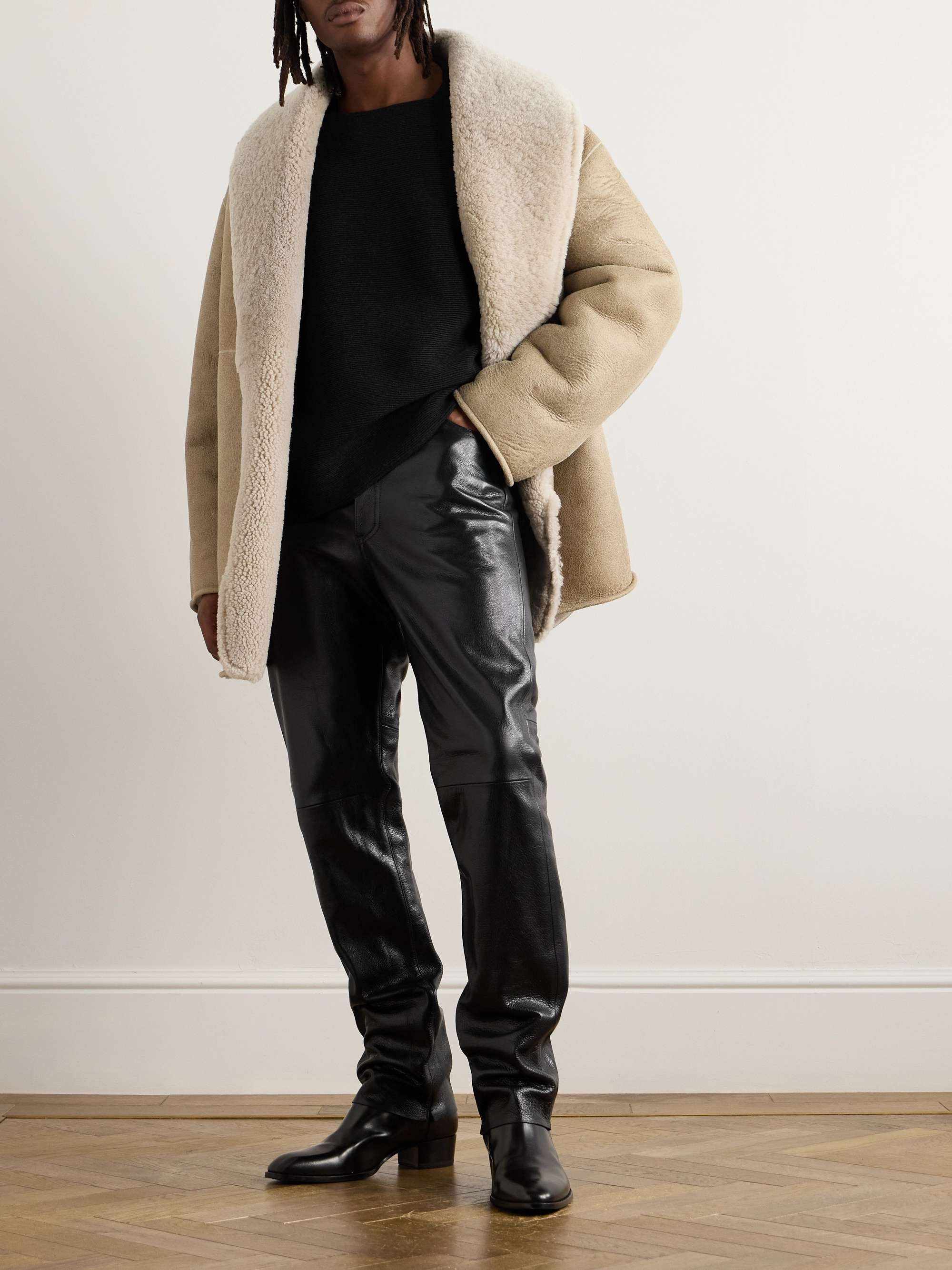 Logo-Appliquéd Straight-Leg Full-Grain Leather Trousers view