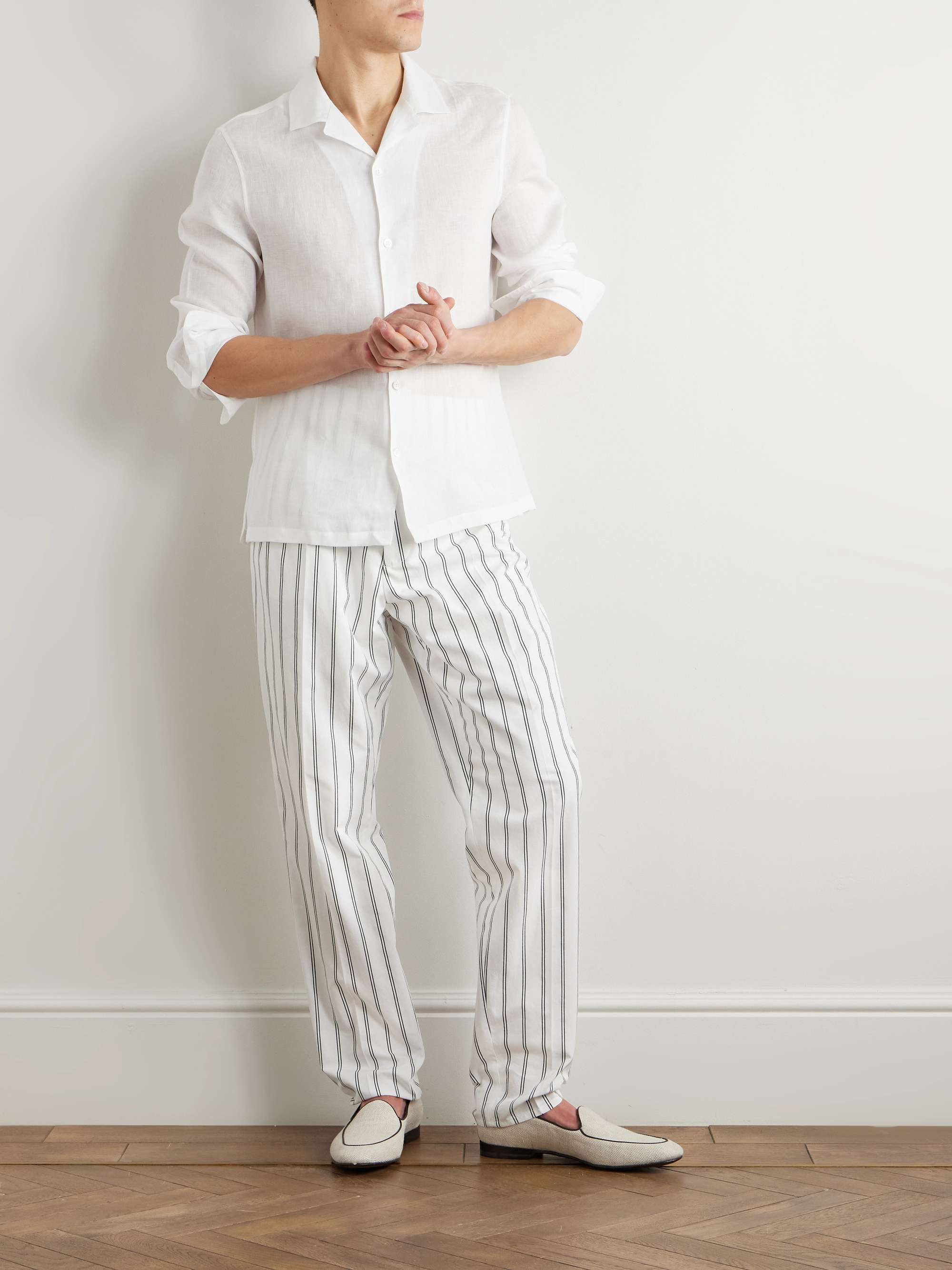 Straight-Leg Pleated Pinstriped Cotton Trousers view