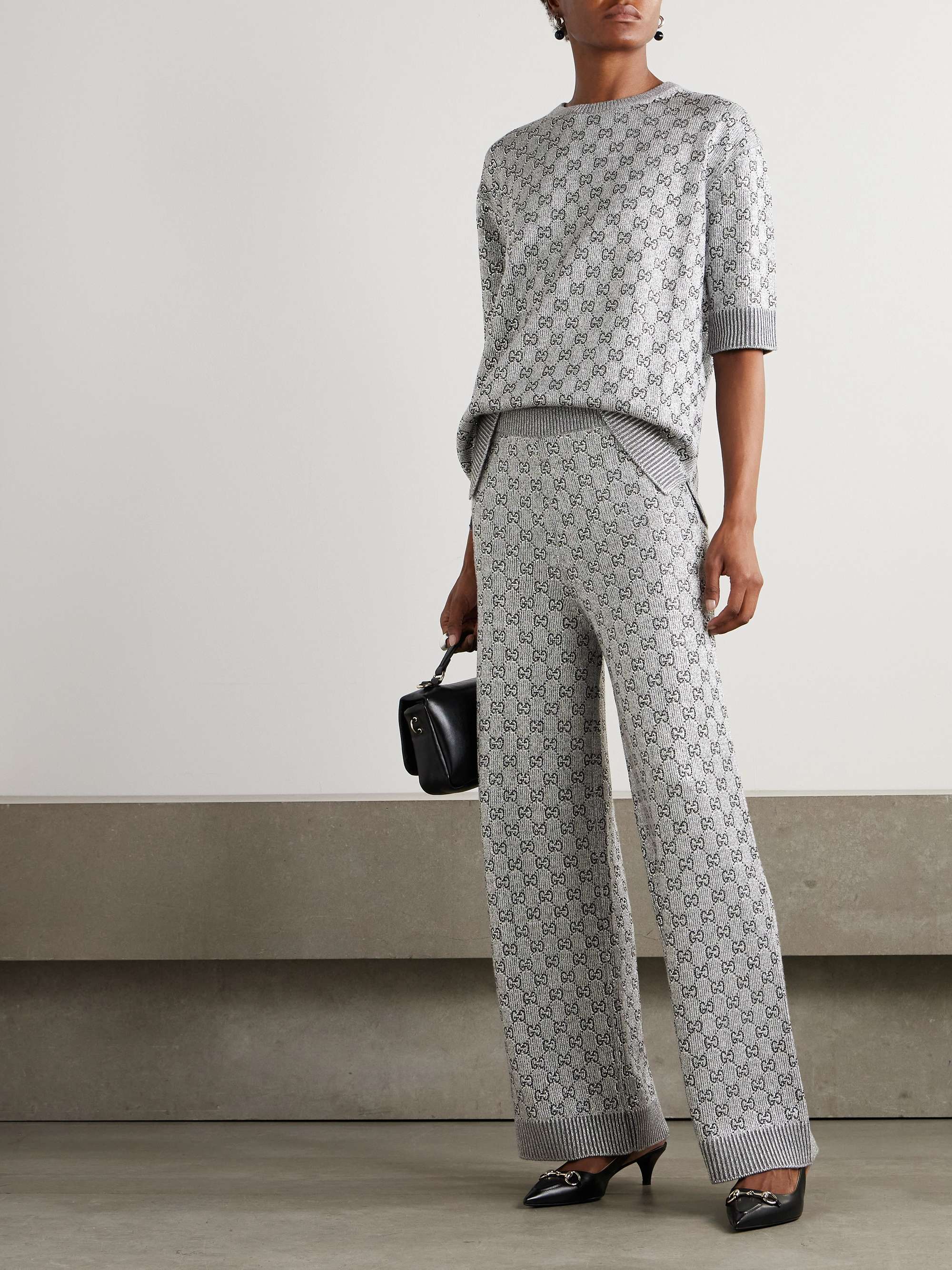 Crystal-embellished metallic wool-blend wide-leg pants view
