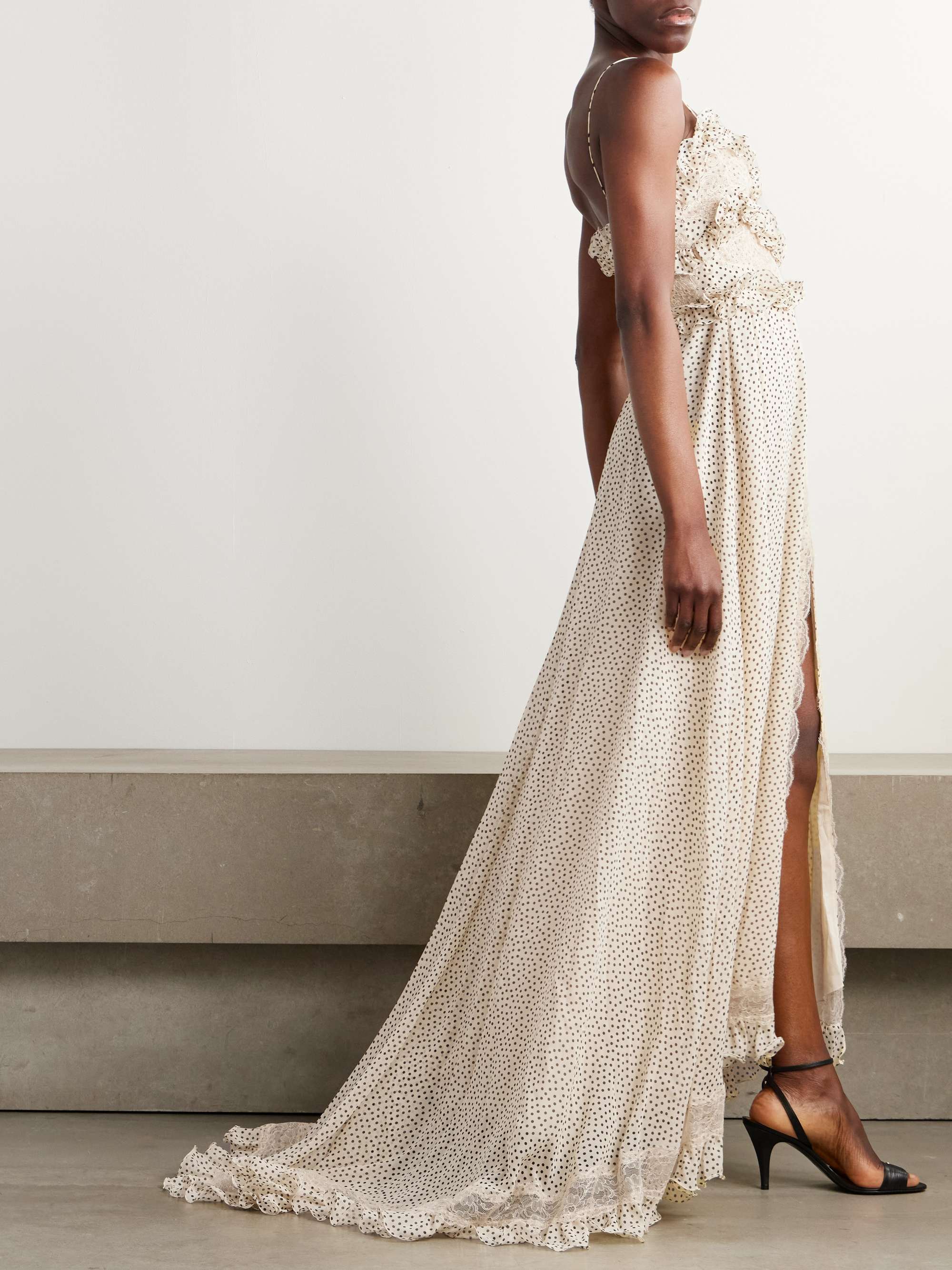 Lace-trimmed ruffled polka-dot silk-georgette gown view