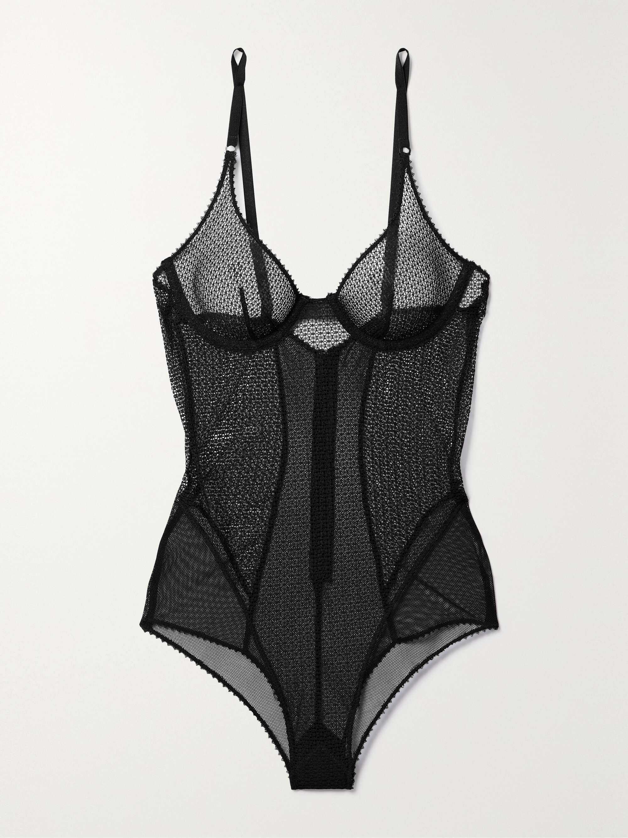 Paneled crochet and mesh underwired bodysuit view
