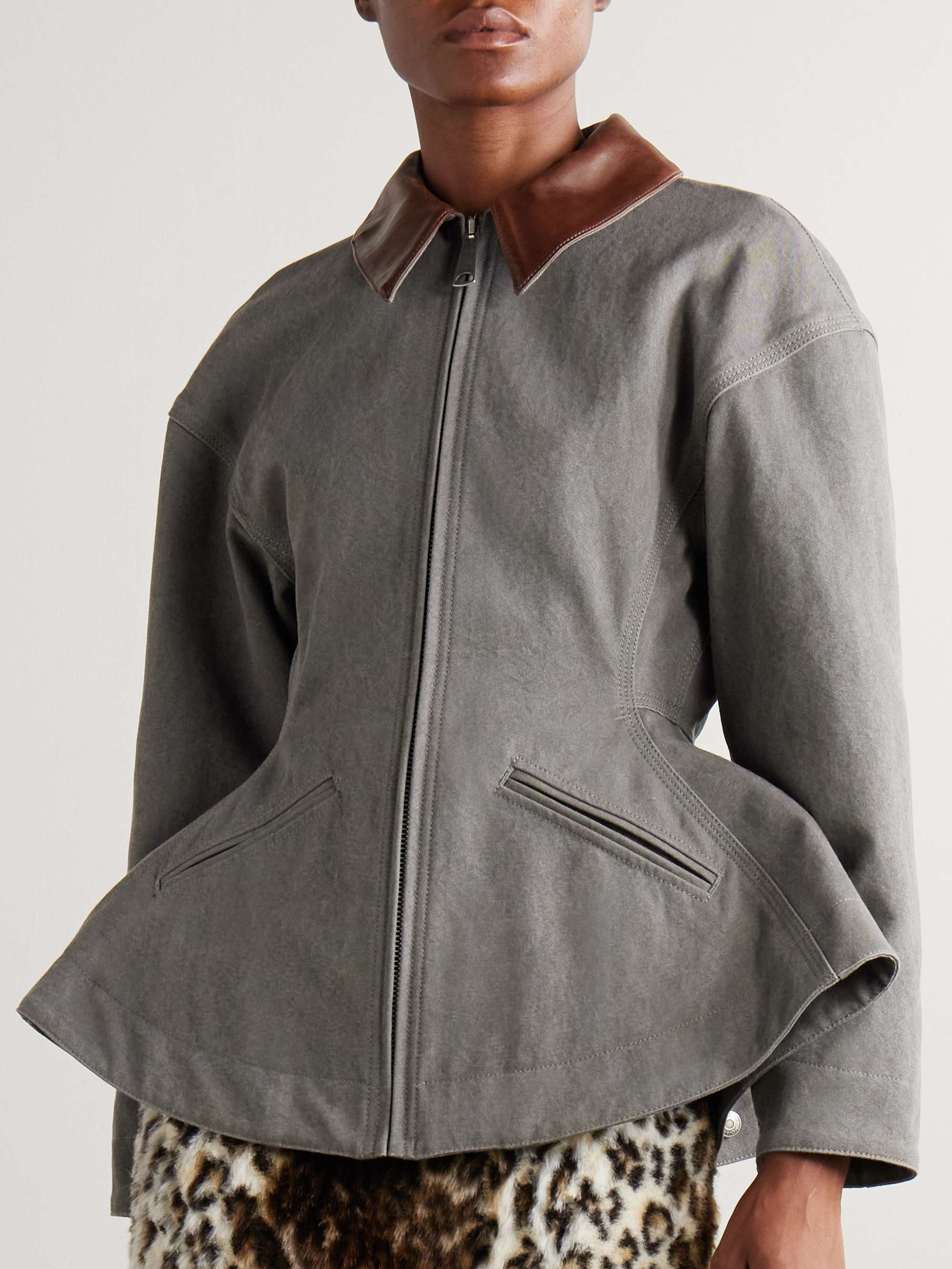 Paneled leather-trimmed cotton-canvas peplum jacket view